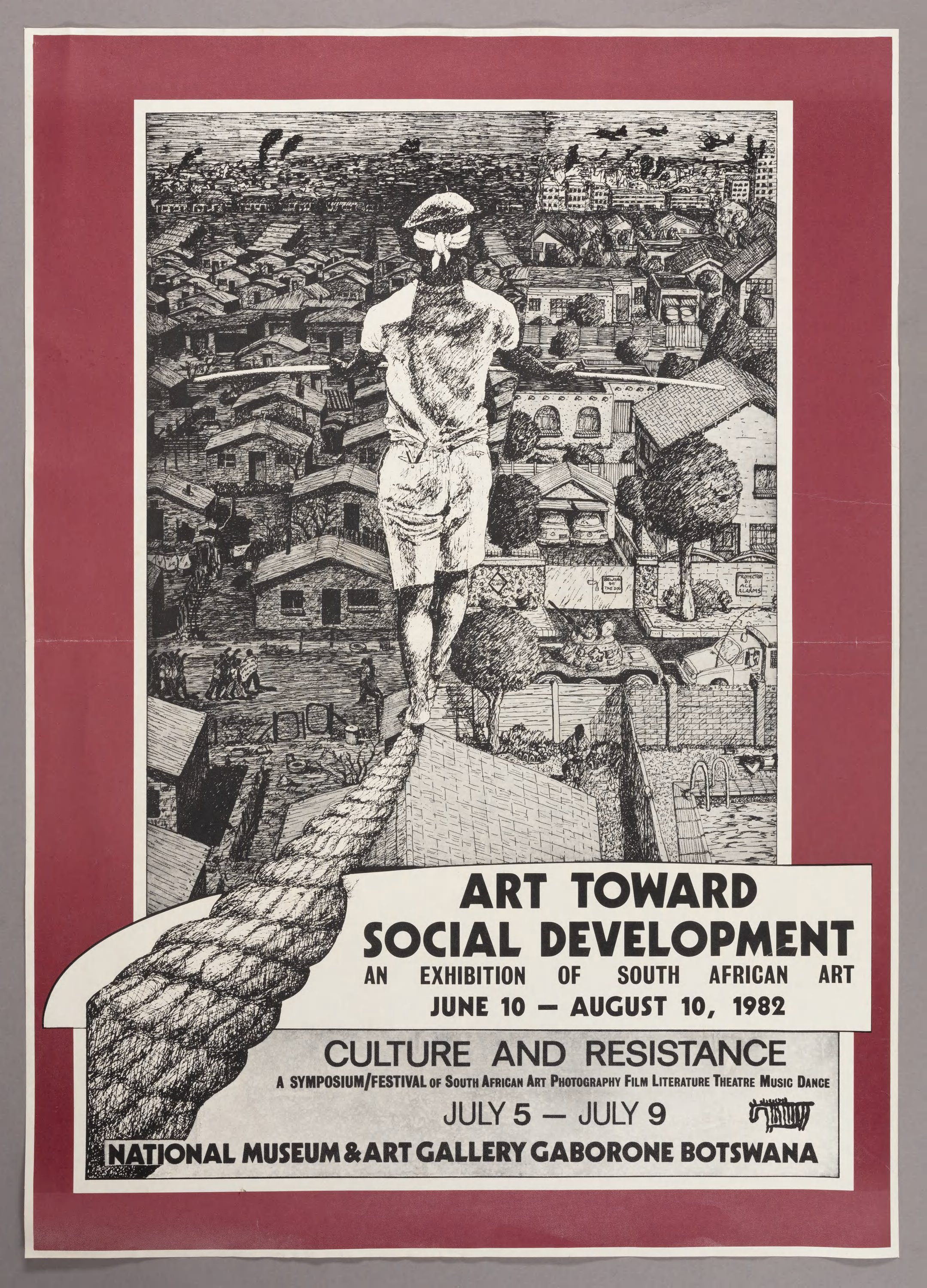 A black-and-white image shows the back of a man walking across a tightrope over a town. Black lettering says "Art toward Social Development."