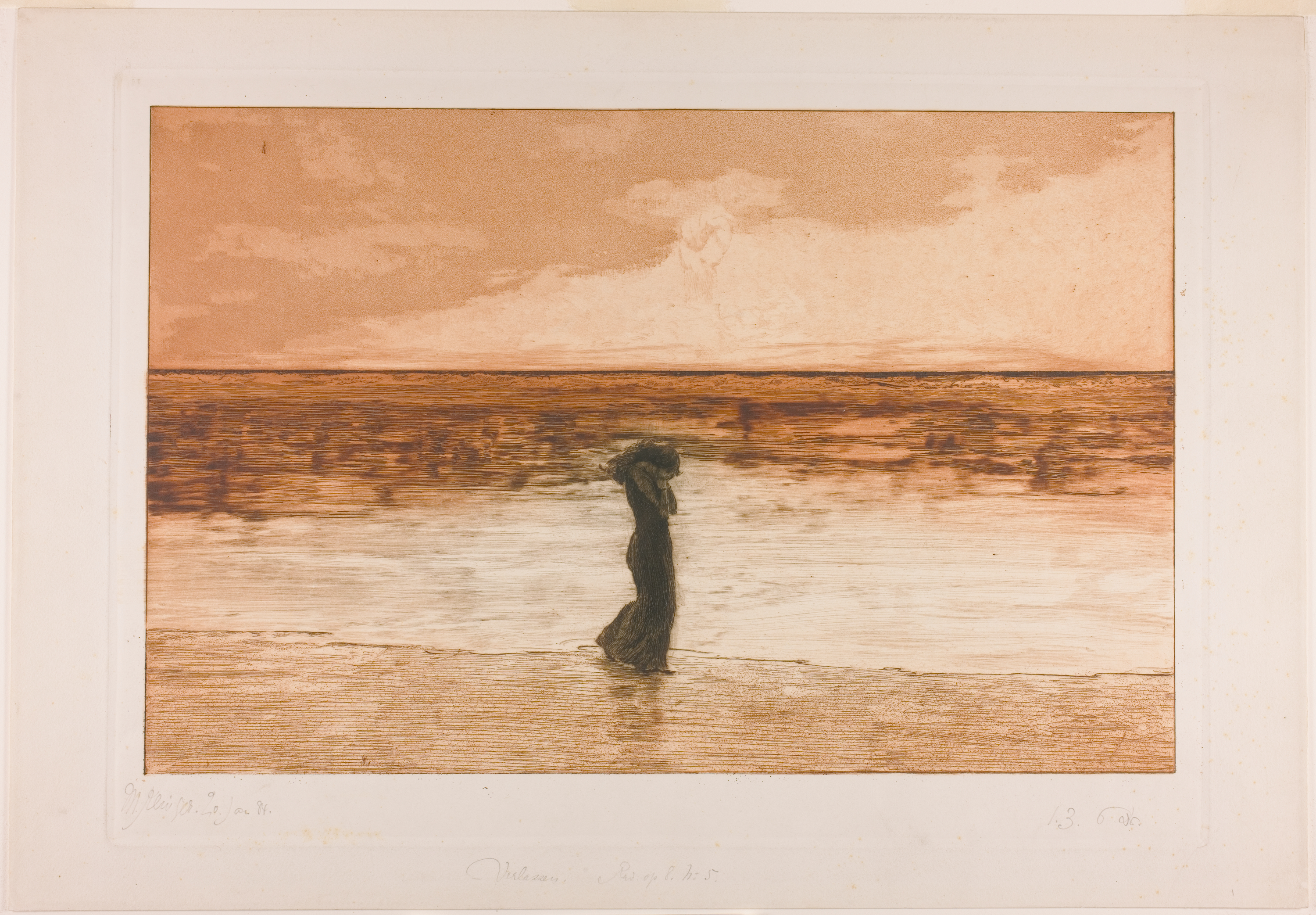 Various shades of brownish yellow depict a beach and shoreline with the black silhouette of a figure walking along the water's edge. The figures appears to have their arms wrapped tightly across their chest in a protective hunched position. Very faintly at the center of the sky is a rendering of a large clenched fist.