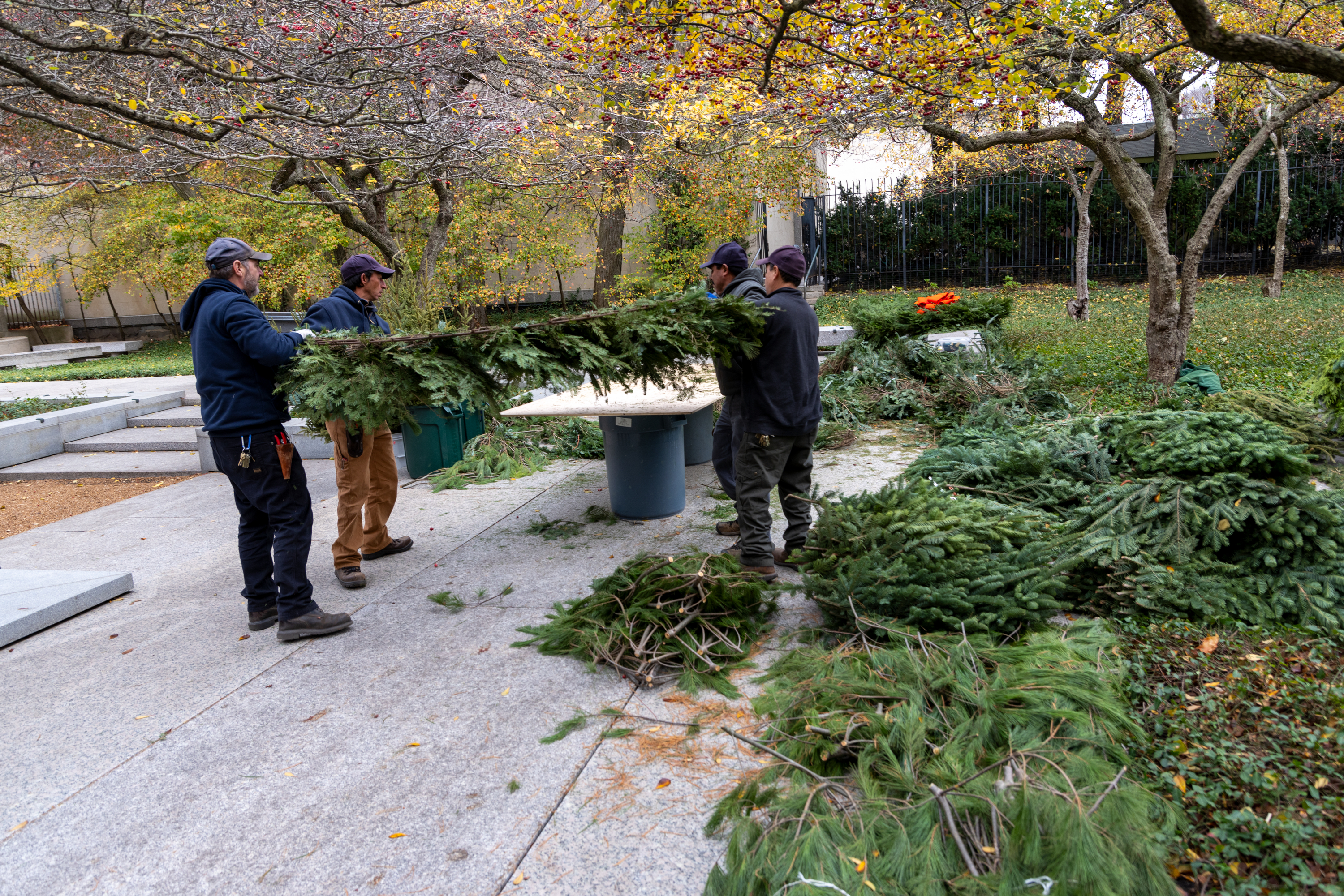 Photo shows four men setting a large evergreen wreath down on a makeshift table. Only one side of the wreath has been filled with branches.