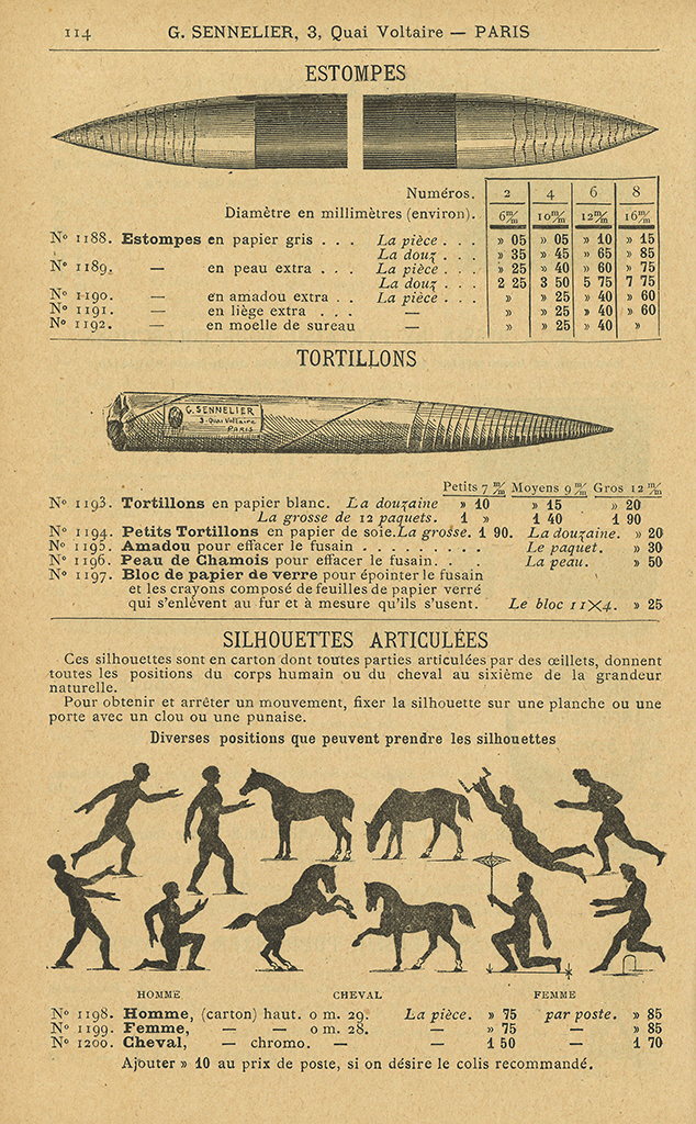 Top section displays a tan background headed “G. SENNELIER, 3, Quai Voltaire — PARIS” with “ESTOMPES” above two long, tapered, black drawings of cylindrical tools; to the right is a small grid of numbers with French item lines below. In the middle, under “TORTILLONS,” one similar tapered cylinder appears with a banded label, accompanied by more French listings. At the bottom, “SILHOUETTES ARTICULÉES” shows two rows of solid black silhouettes—human figures and horses in varied poses from left to right (running, standing, bending, kneeling, seated)—with small captions and item numbers beneath. Colors are tan background and black text and drawings.