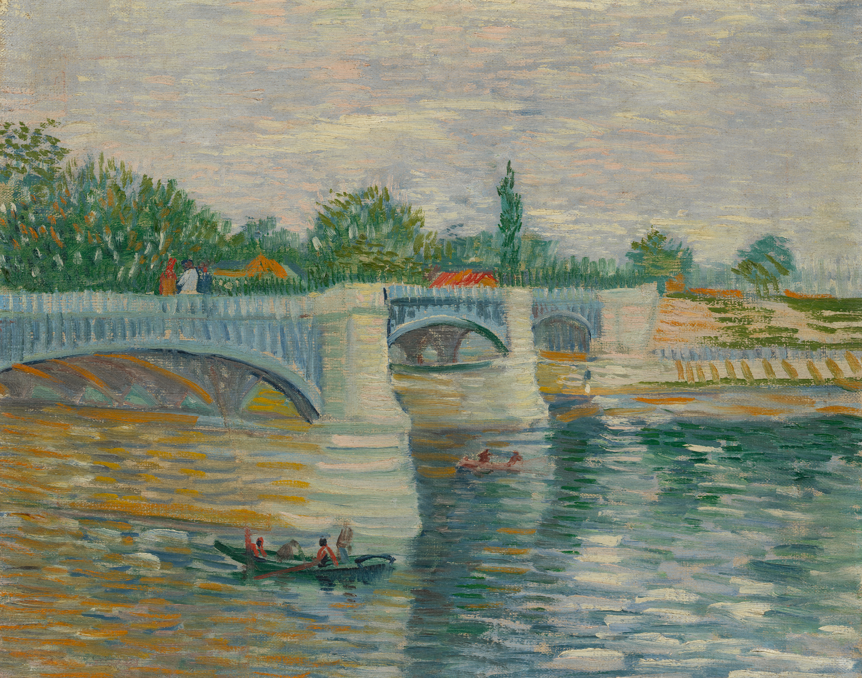 In loose brushstrokes, a multi-arched bridge in blues and grays traverses a waterway of orange, green, and blue, two small rowboats in the water, figures on the bridge, and trees and rooftops beyond.