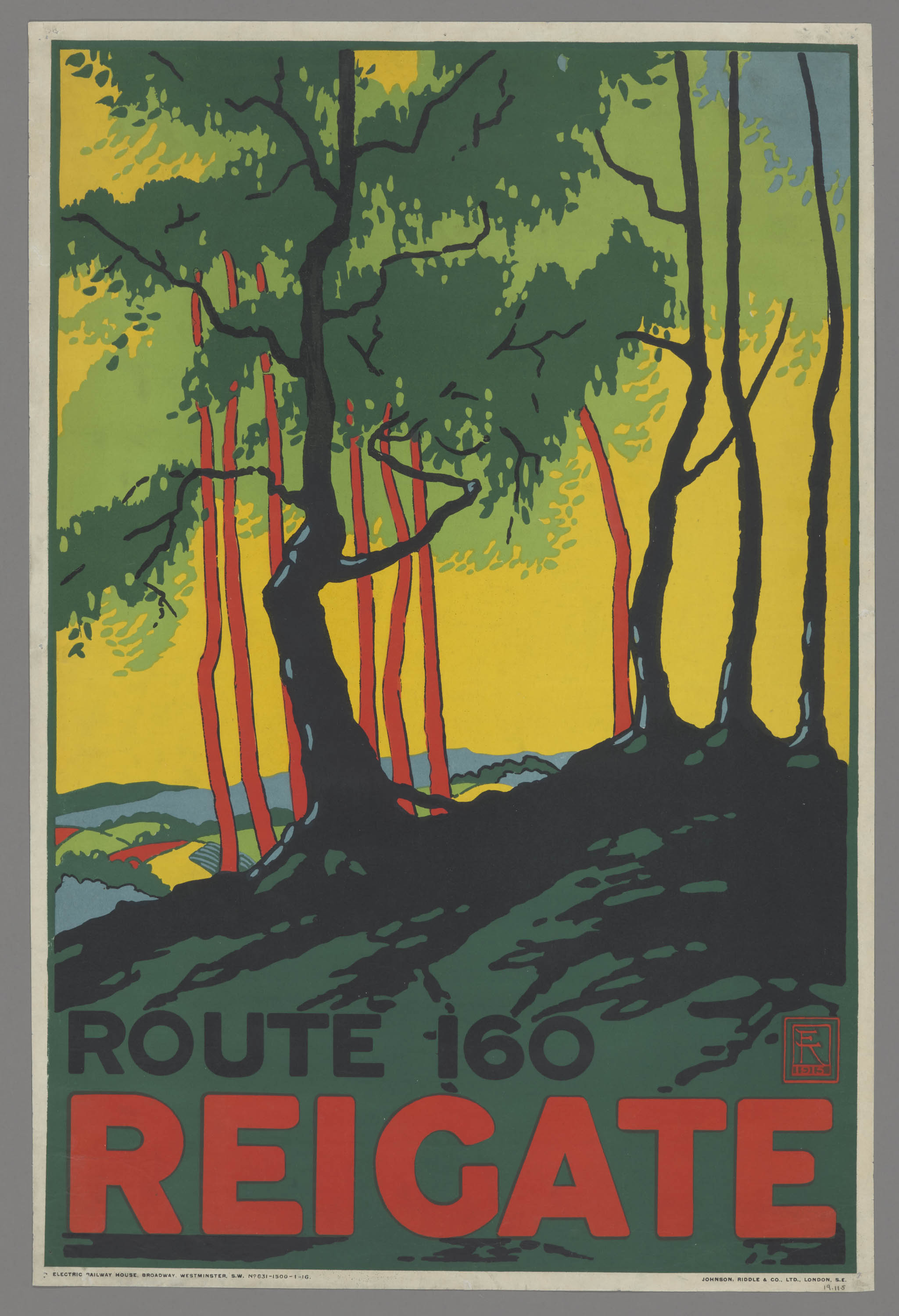 A poster for the London Underground depicting trees against a yellow sky.