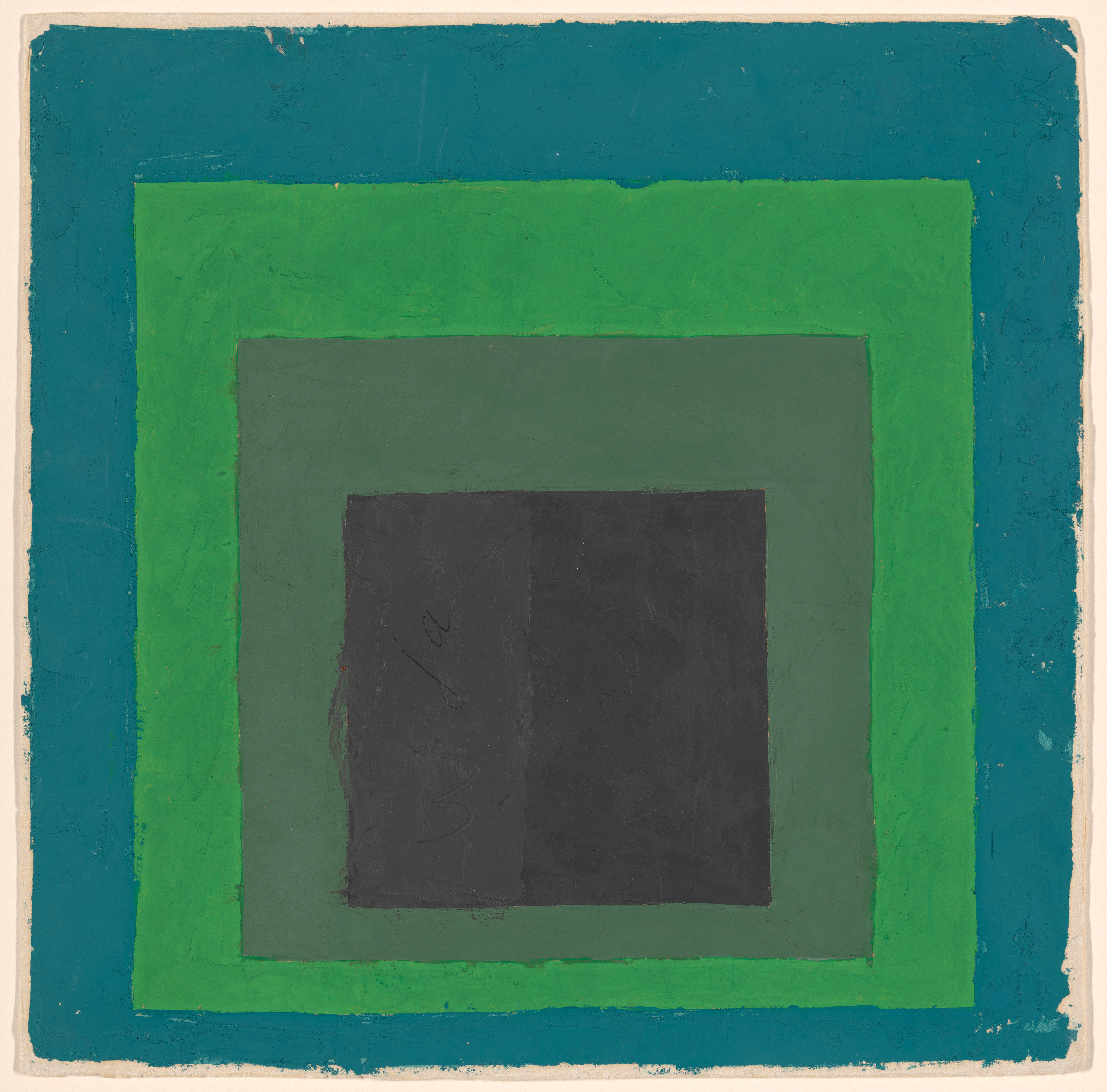 A print in oil paint of four squares, each smaller than the last and with rough edges, superimposed upon one another, each of a different color: teal, bright green, sage green, and forest green.