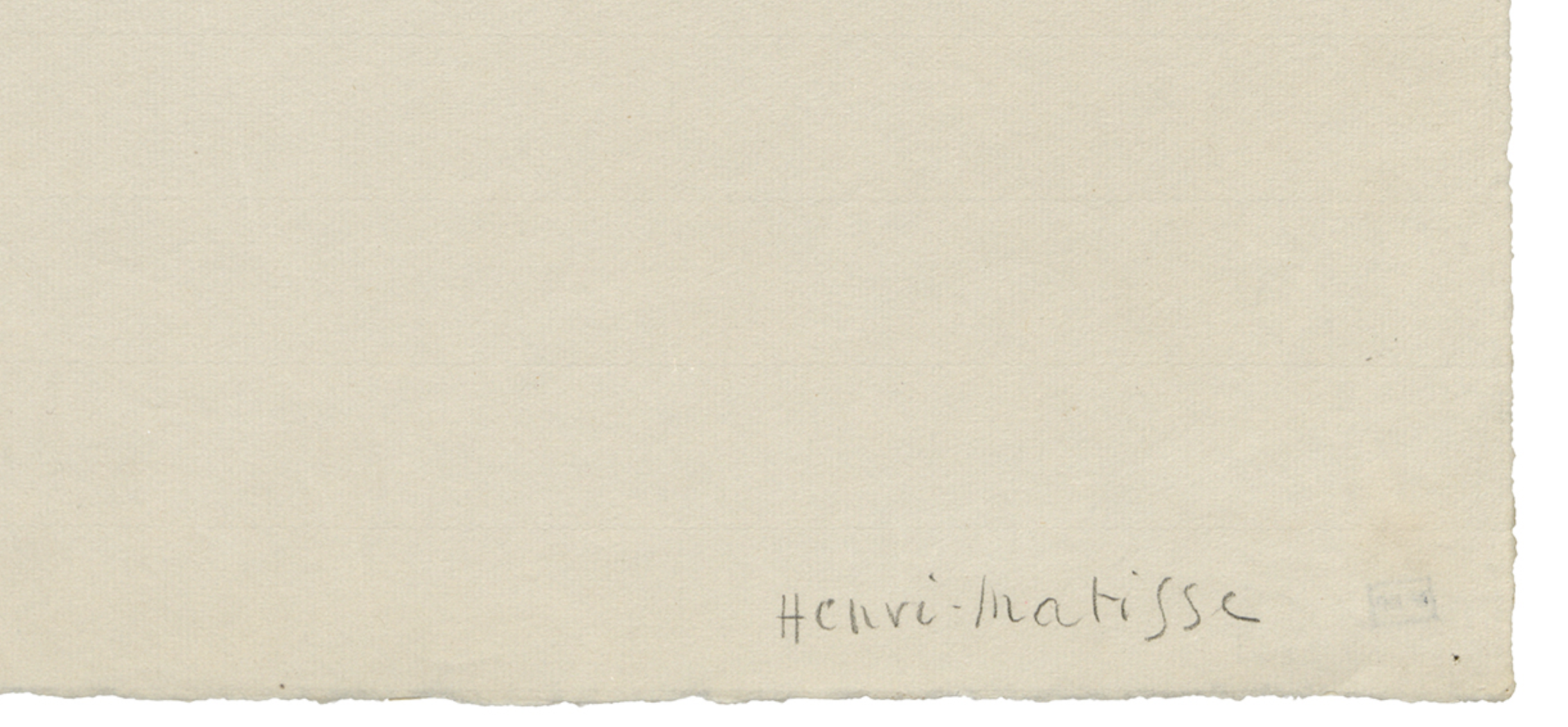 Top and center areas show a broad, light beige surface with no figures or objects. At the bottom right, small gray handwritten words read “Henri Matisse,” with a tiny, faint light blue rectangular mark near the corner; the writing is small compared to the wide empty space. The edges, especially along the bottom, appear slightly irregular.