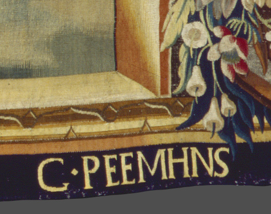 A detail of a tapestry's bottom edge reading "C PEEMHNS"