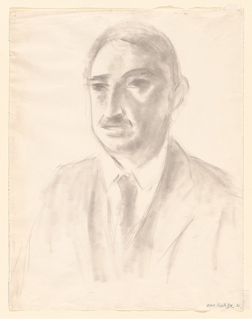 Top center shows the head shape on an off-white background in soft gray tones. Moving downward, a collared shirt and dark tie sit beneath a V-shaped neckline, with a vest and suit jacket extending across the shoulders and upper torso. The figure is centered and shown from the chest up, with the clothing occupying the lower half in light-to-dark gray shading.