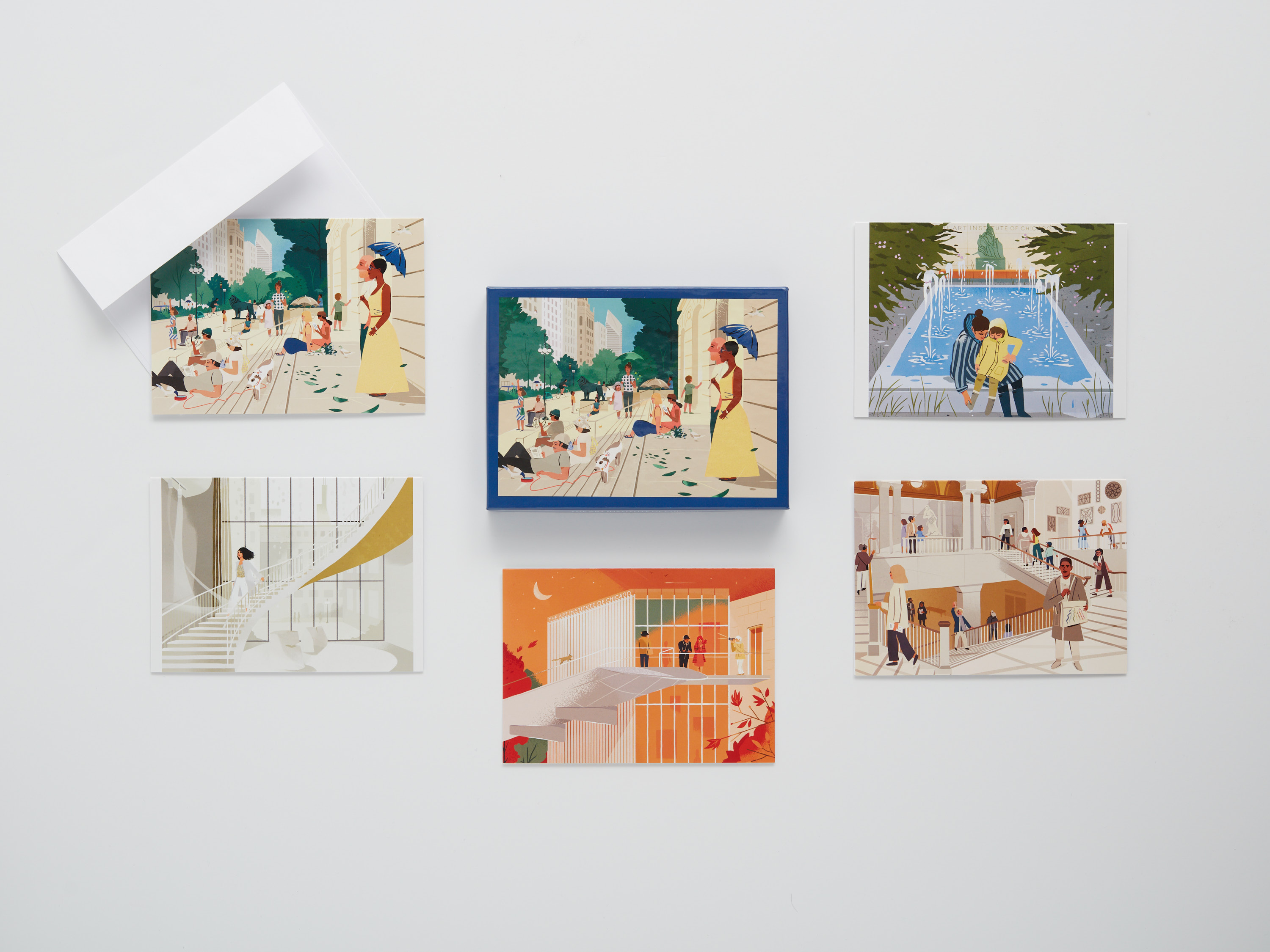 Five postcards featuring illustrations of contemporary figures re-creating scenes from famous Art Institute works, including "A Sunday on La Grande Jatte–1884" and "Nighthawks," in different locations around the museum.