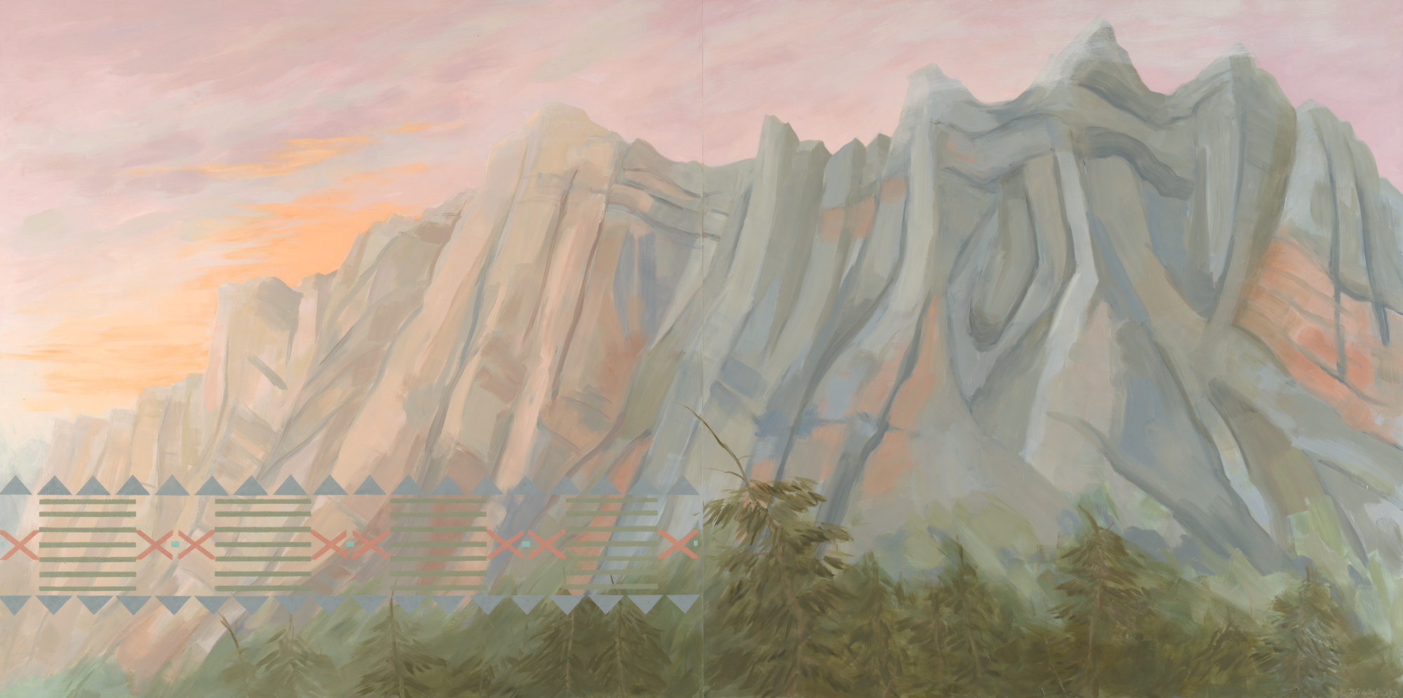 Oil painting of Glacier National Park peaks in the quiet before winter’s first snowfall.