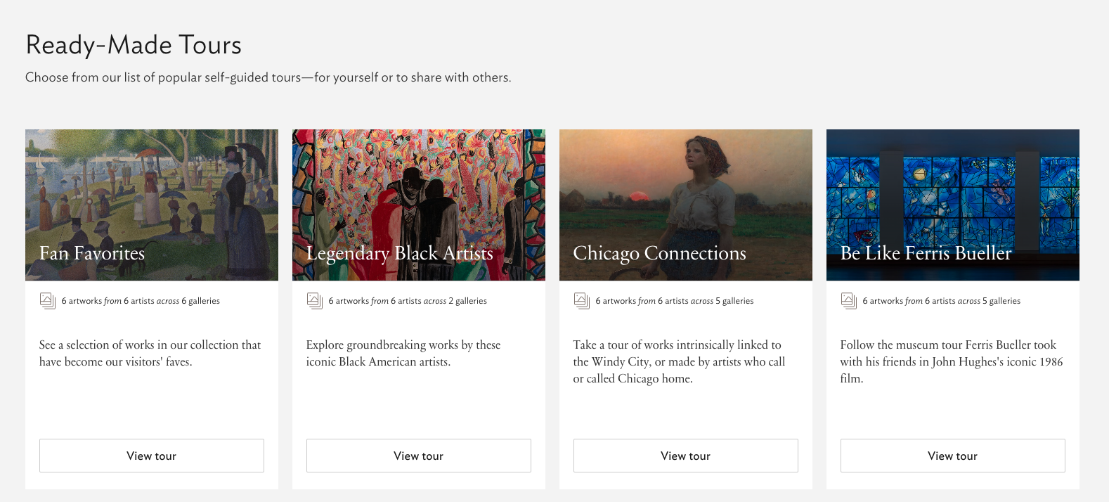 A screenshot of a webpage features the headline "Ready-Made Tours" and an assortment of tours to choose from: "Fan Favorites," "Legendary Black Artists," "Chicago Connections," and "Be Like Ferris Bueller."