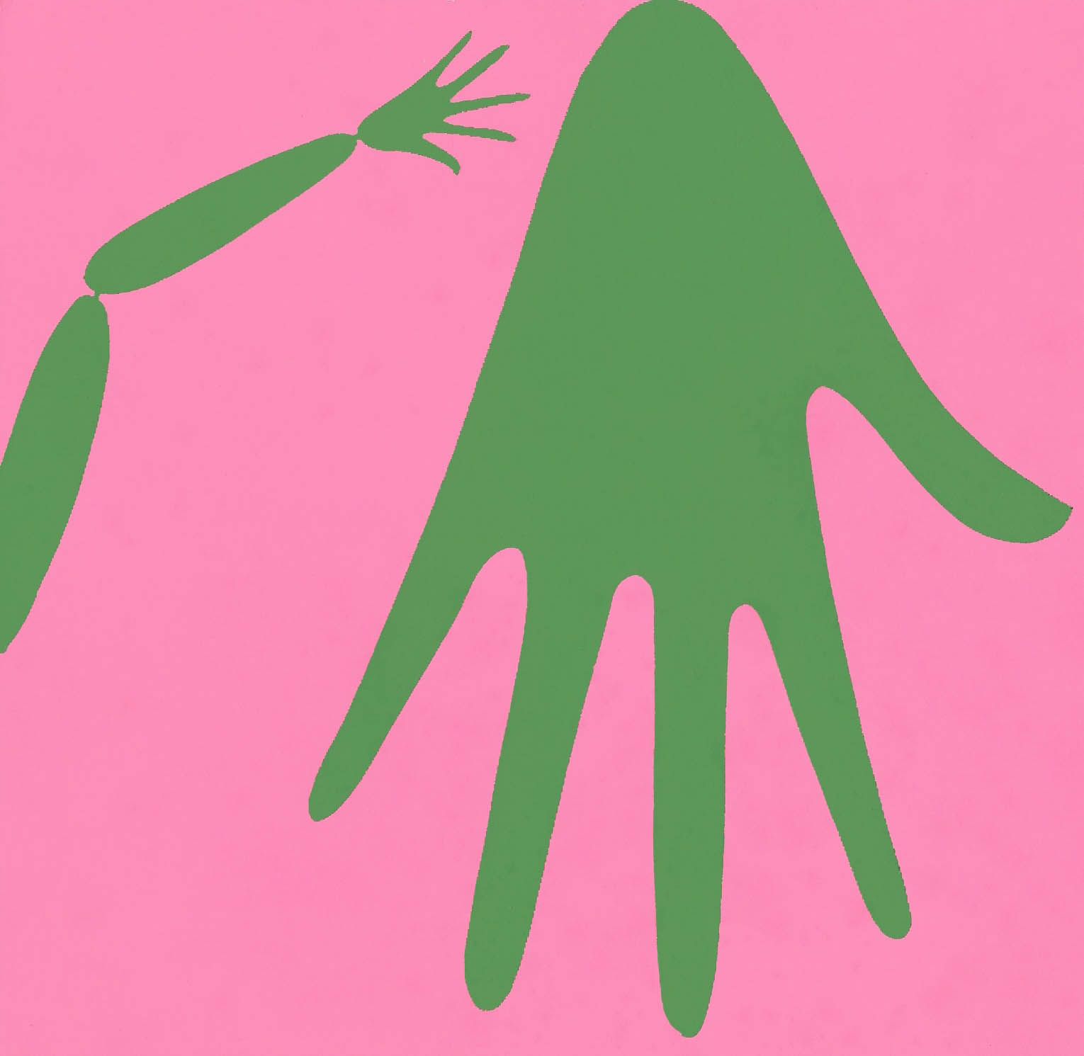 Print of a solid greed mannequin arm and hand and a separate, larger mannequin hand on a solid pink background