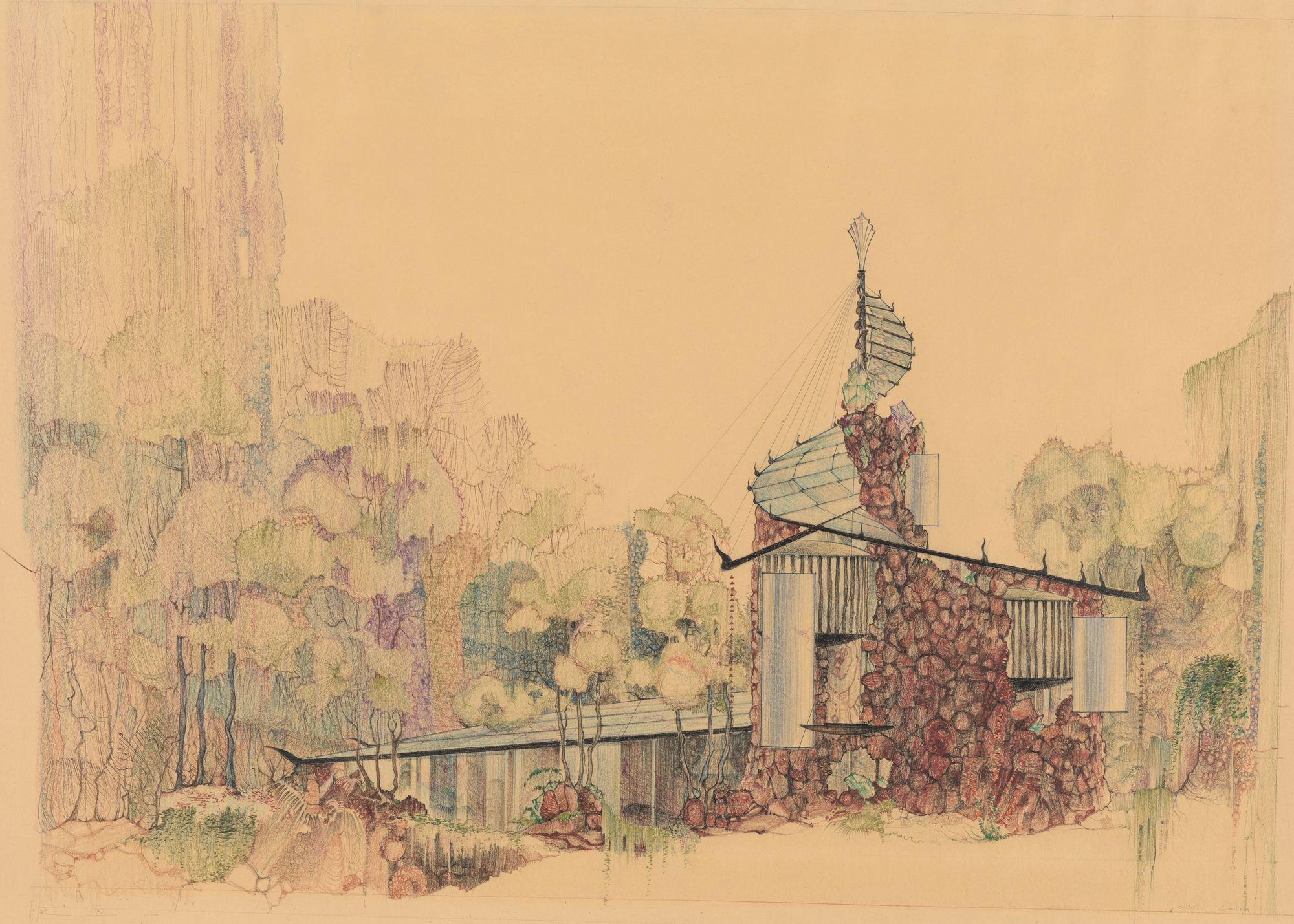 Architectural drawing: Colored pencil with graphite on cream wove paper.