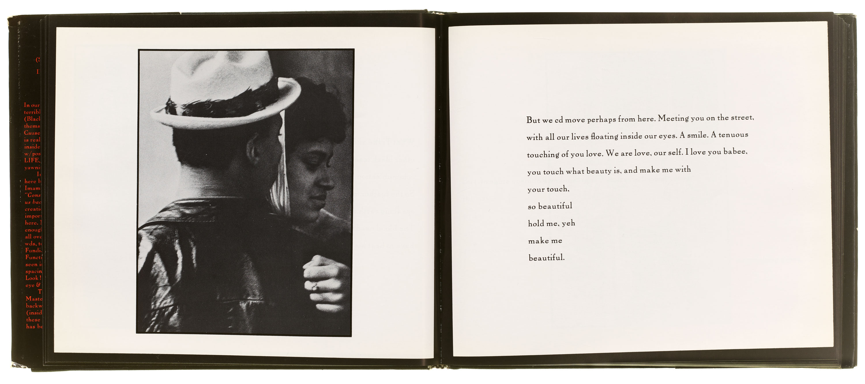 A black-and-white photograph of two individuals standing close together, gazing into each other’s faces. The man is wearing a white hat and a leather jacket, and the woman is dressed in a light-colored blouse. She has her eyes closed, and they are standing in front of a neutral background. The photograph is accompanied by a poem on the adjacent page, with text beginning with “But we cd move perhaps from here…” The poem reflects themes of love, connection, and beauty.