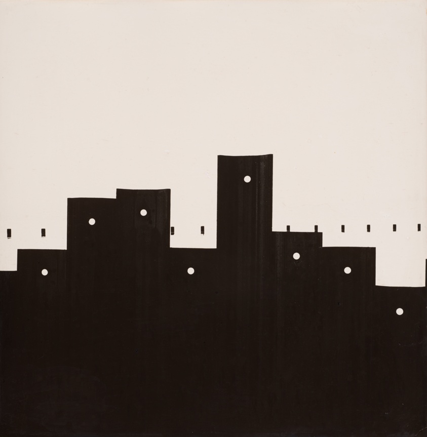 Abstract black-and-white composition featuring a row of solid black, block-like forms resembling a stylized city skyline. Each form has one or more small circular cutouts suggesting windows. A line of smaller vertical black rectangles, evenly spaced across the upper white background, evokes distant buildings or a horizon line. The overall effect is geometric and minimalist.