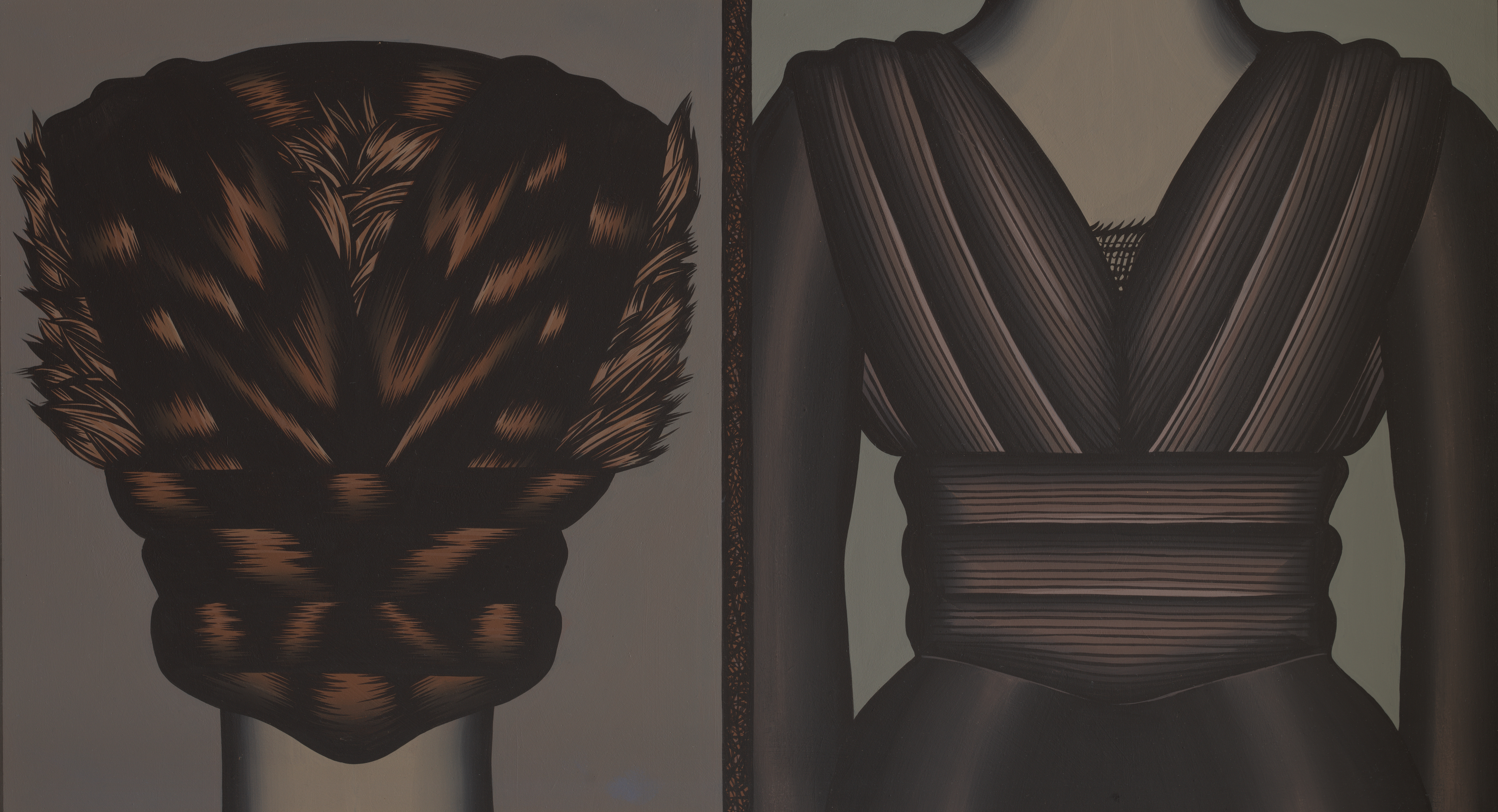 Slightly abstract rendering of two images: on the left, two tightly made brown braids weave down the sides of the person’s head to create a braided bun at the base of their skull. Tufts of featherlike hair emerge through the space between the braids and the sides of the head. On the right side, there’s a torso of a figure wearing a brown, long sleeved dress, cinched at the waist in three thick bands.