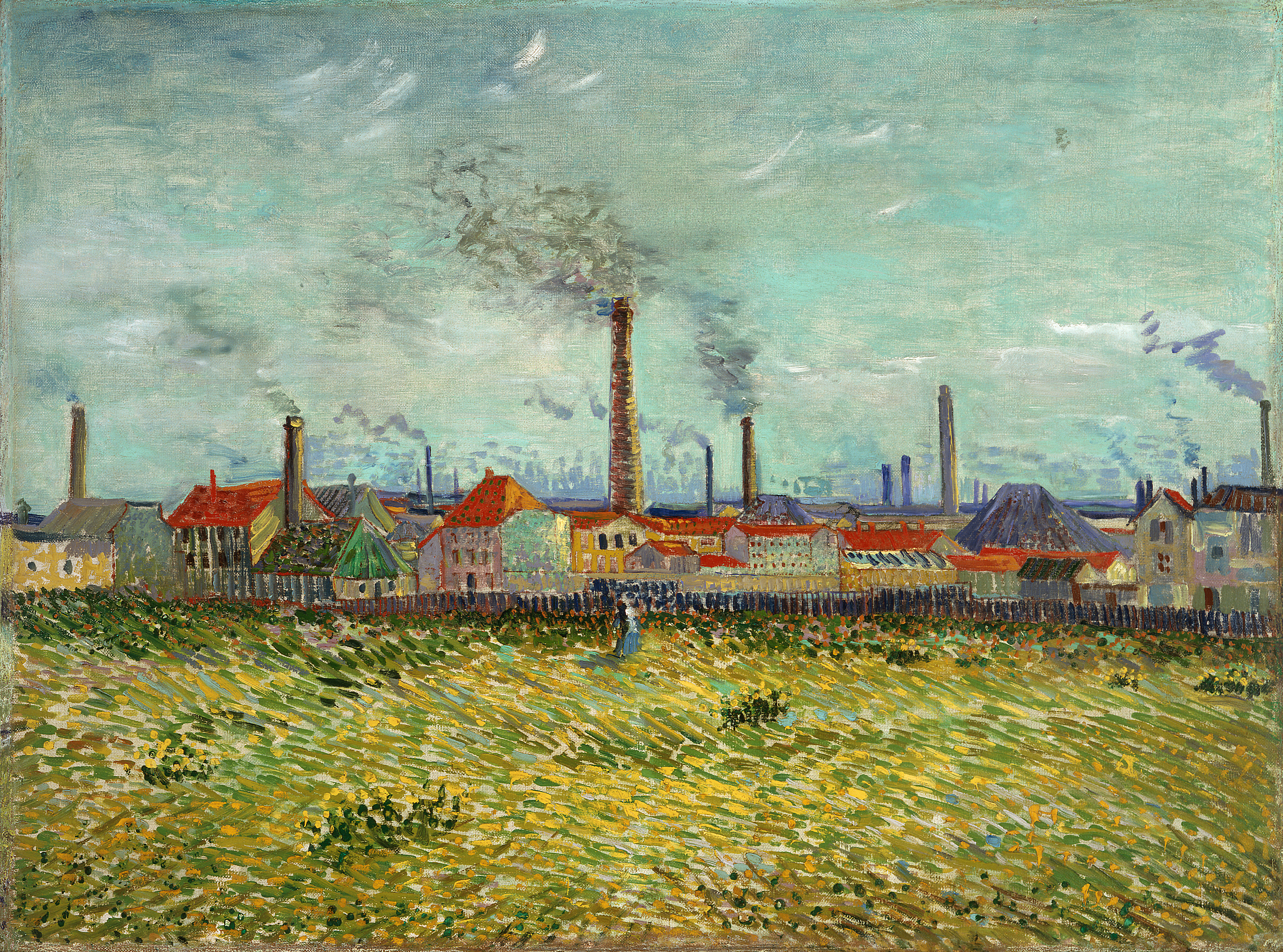 Landscape painting with a band of multicolor factories at center, their slim smokestacks rising into a sky of gray, green, and bue. The grass before them is long and wild in shades of yellow and green.