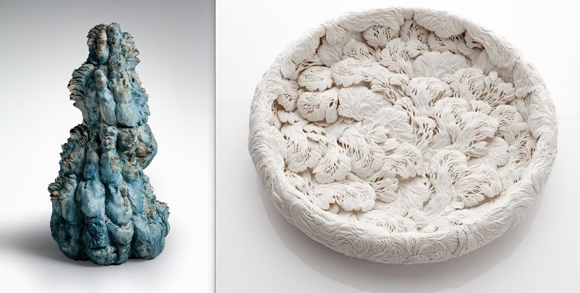 A side-by-side composite image of two ceramic sculptures. At left is a green-blue accumulation of knobby bits of clay molded into the general shape of an upside-down cone. At left is a coaster-like disk in off white with a finely crafted texture that suggests a dense canopy of trees.