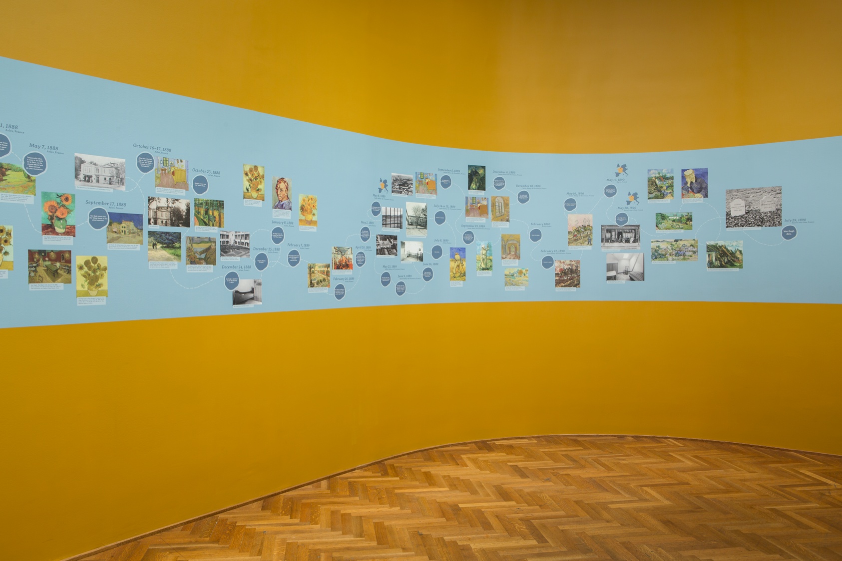A bright-yellow curved wall is bisected laterally by a broad, light-blue band on which is a timeline with many images of paintings and photographs.