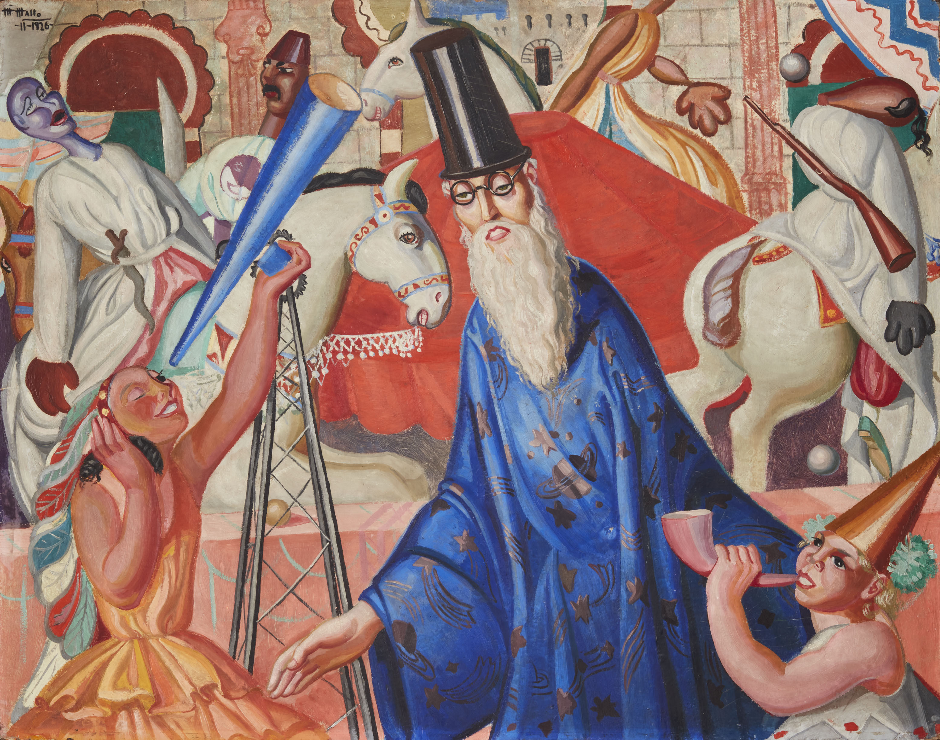 A lively and vibrantly colored painting dense with figures that take up the entire canvas. These include a wizard-like man with a long white beard in a black top hat, spectacles, and a bright-blue robe adorned with celestial imagery. Robed revelers pass behind him on white horses, and he is flanked by two figures: to the left, a medium-skinned woman in a yellow dress holds a cone-shaped telescope aloft and peers into it with one eye, while at left, a light-skinned child wearing a cone-shaped party hat holds a horn-shaped noisemaker to their mouth.
