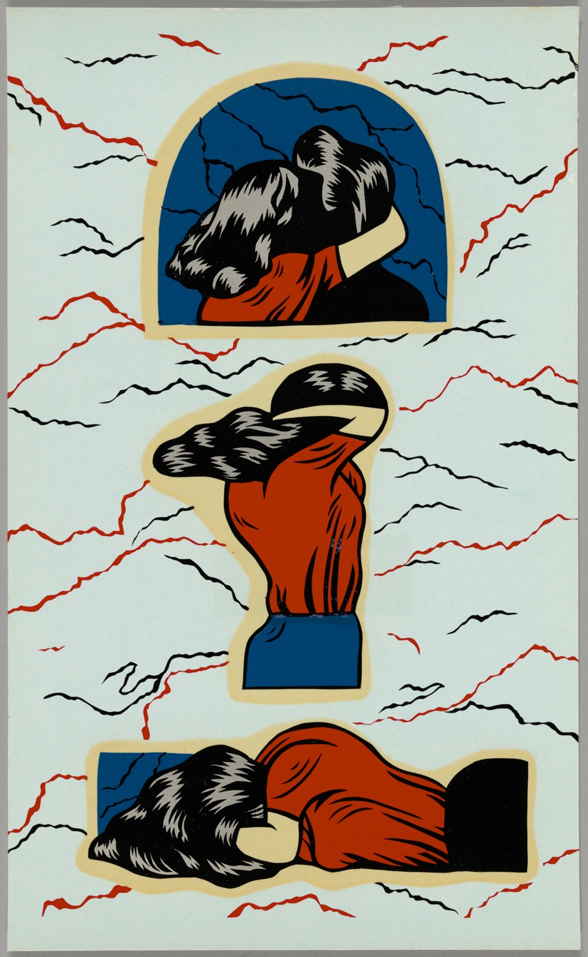 Three color silkscreen decals on a pale turquoise background with scattered red and black skeins of color. In the first decal, shaped in a blue ellipse, a person with shiny black hair and a red shirt affectionately wraps their arm around the neck of person in a black shirt wearing their hair in a shiny black pompadour. In the second decal another person with shiny long black hair is seen in rear profile, their arms obscured as they adjust their hair. They wear the same red shirt though with blue jeans. In the third decal, the same figure lays on their stomach, their shiny hair obscuring their face as they turn towards what could be a blue window. It’s impossible to see the faces of any of the figures.