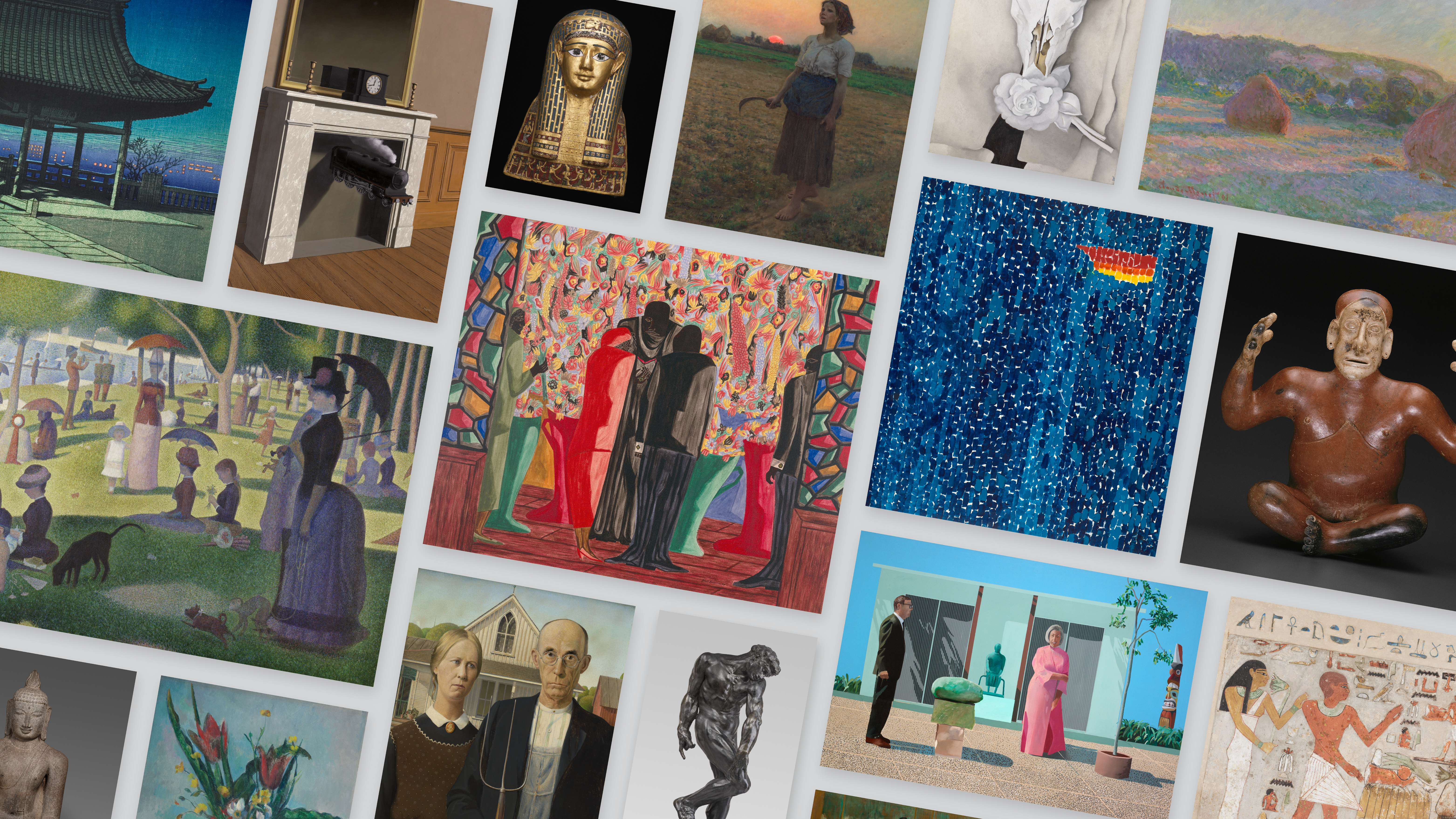 A grid pattern, slightly tilted to the right, features Art Institute works of various sizes and dimensions separated by a white gutter. Prominently featured are Jacob Lawrence's The Wedding, Georges Seurat's A Sunday on La Grande Jatte—1884, and Alma Thomas's Starry Night and the Astronauts.