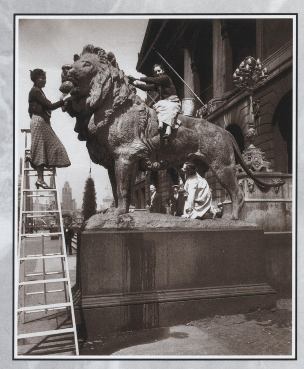 Photo from 1930s of three women giving the lions a good scrubbing