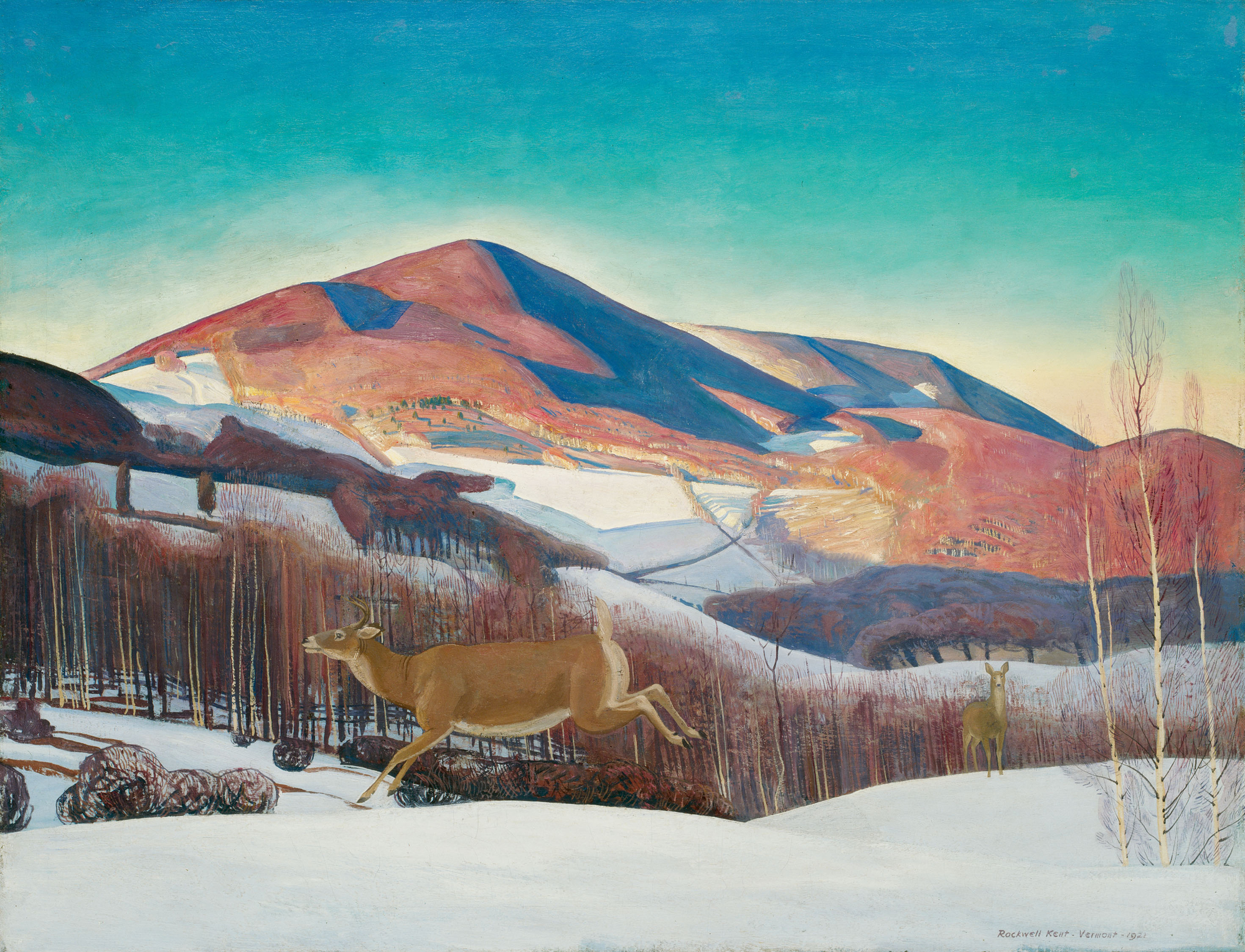 In this landscape painting, a deer bounds through snowy hills in front of a red mountain shadowed blue by the sun we assume rises behind it.