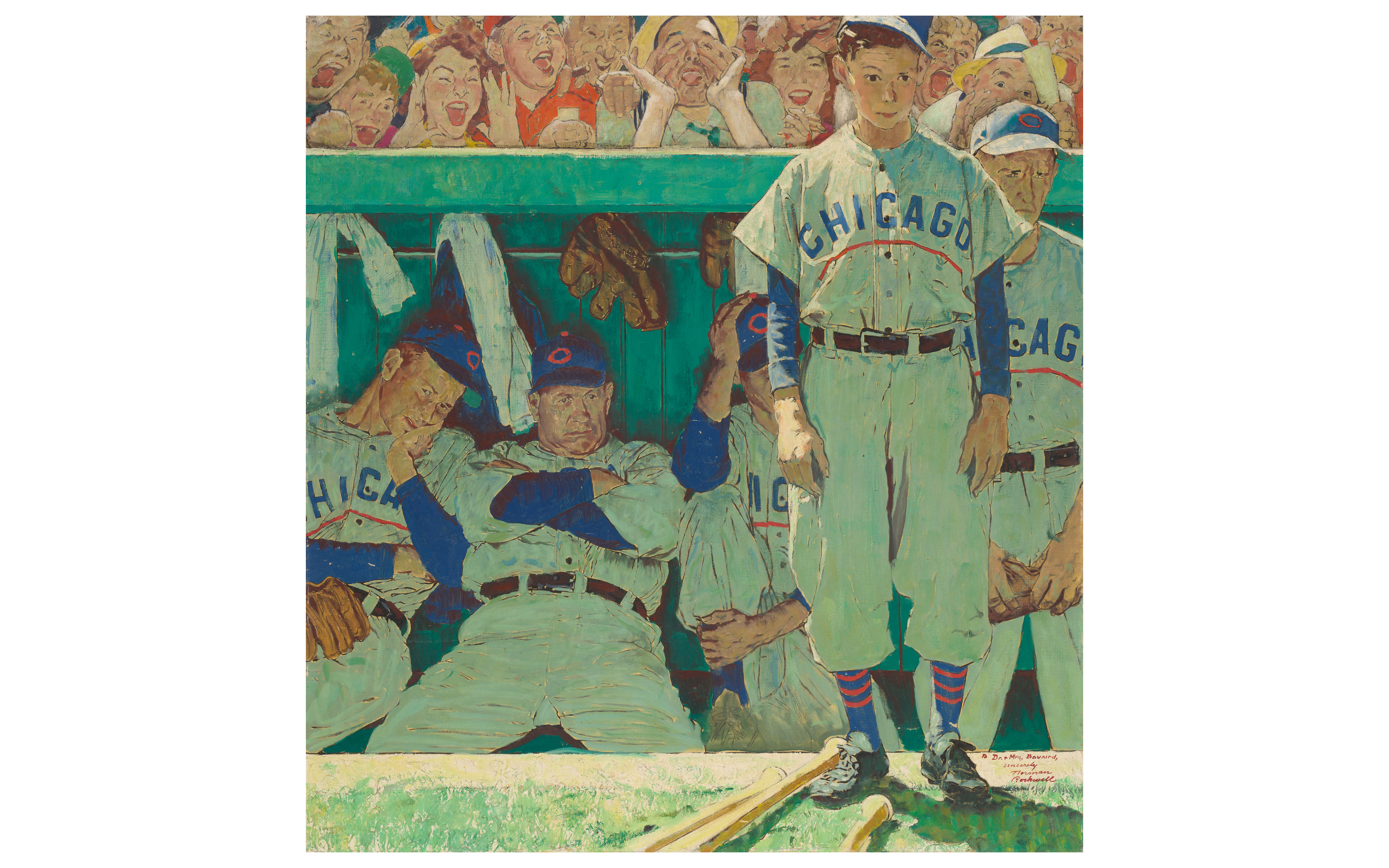 A painting of a green baseball dugout with adult players in gray uniforms reading CHICAGO; the dominant figure stands at center-right in blue-and-red striped socks, others sit slouched at left, fans crowd the top rail, and two bats lie at bottom front.