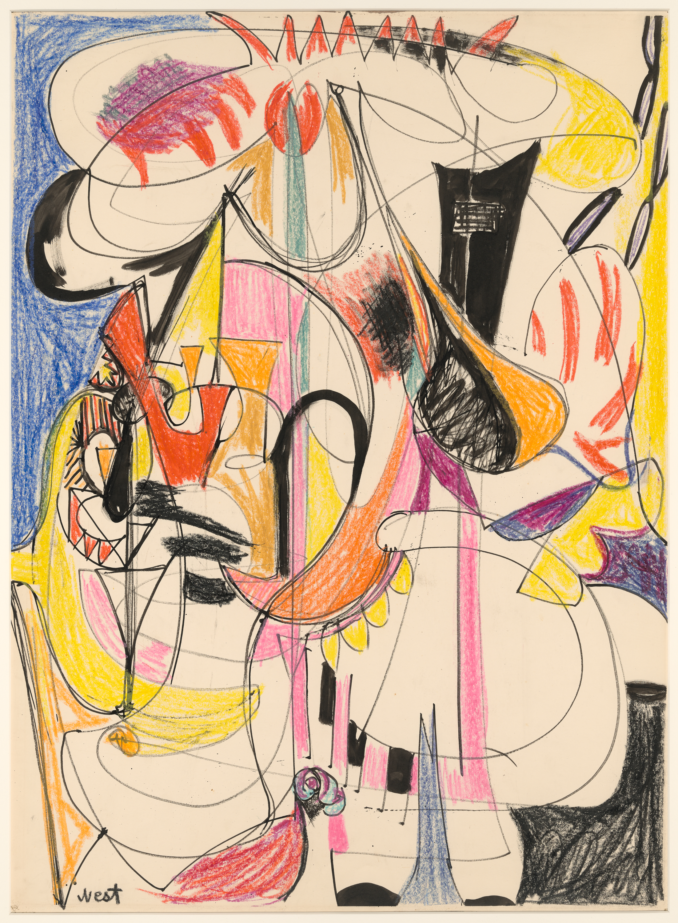 A colored pencil and crayon drawing shows overlapping curving black lines and bright shapes, with a dense cluster at center in pink, yellow, orange, and red; at left a blue field, at top right a tall black wedge, and looping arcs cross the page.
