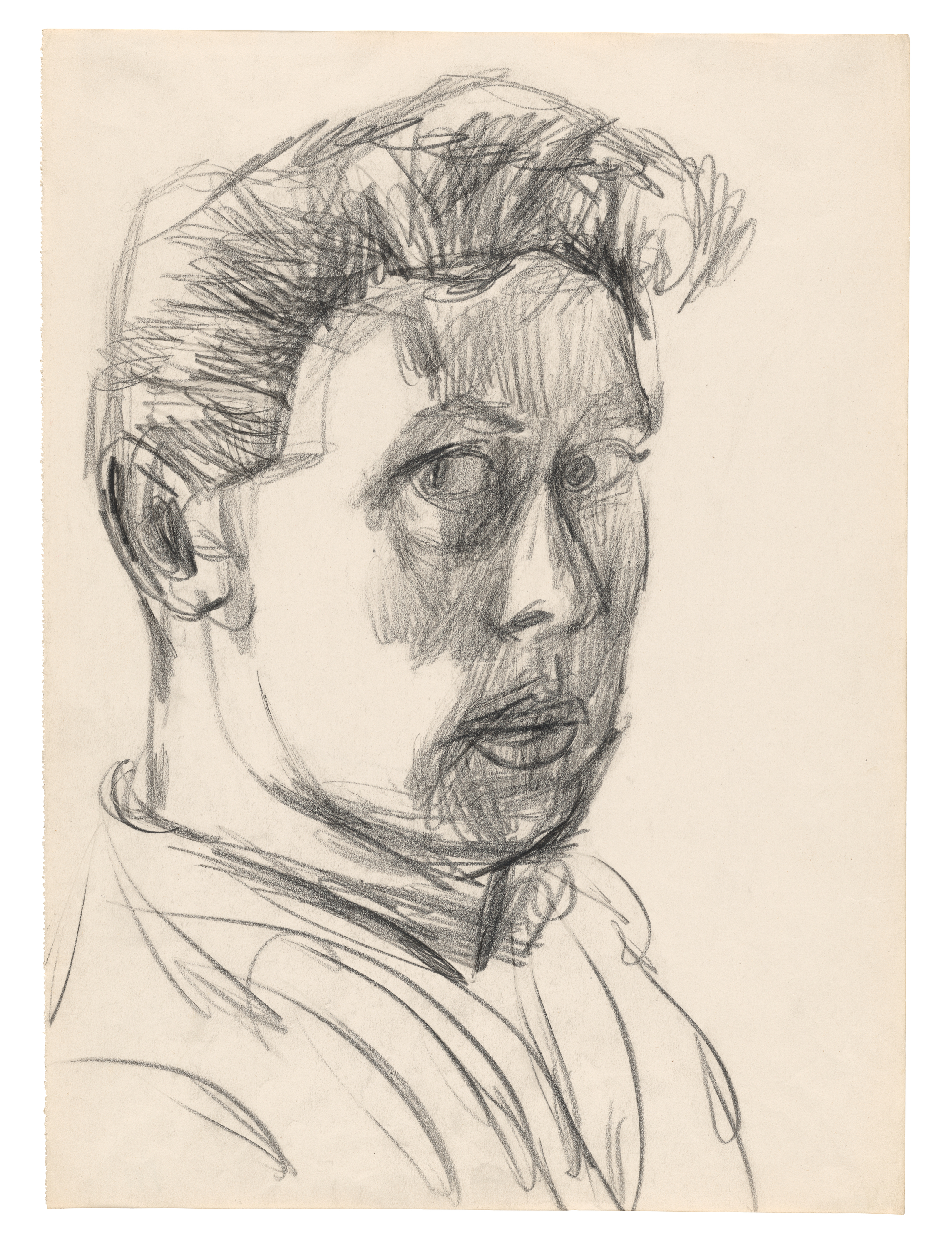 Charcoal sketch of a man in a collared shirt from the shoulders up in partial profile with short but voluminous hair and wide, almost surprised eyes looking to the side, his full lips slightly parted.