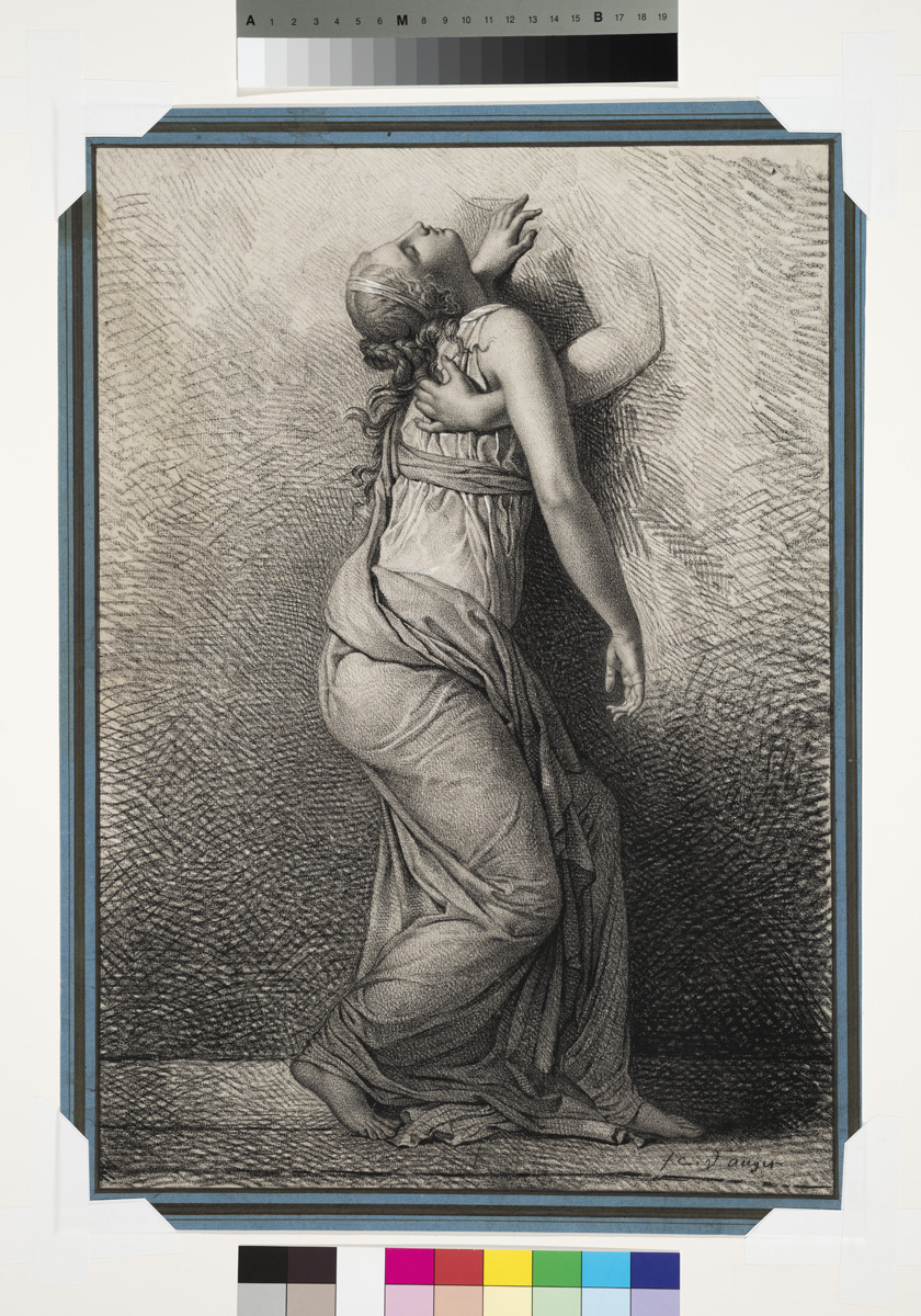 A drawing of a young woman in classical dress swooning into another figure’s arm—while the forearm and hand of the arm are completely drawn, the figure’s head and bust is unfinished, leaving the sense that the arm emerges from a wall behind the young woman.