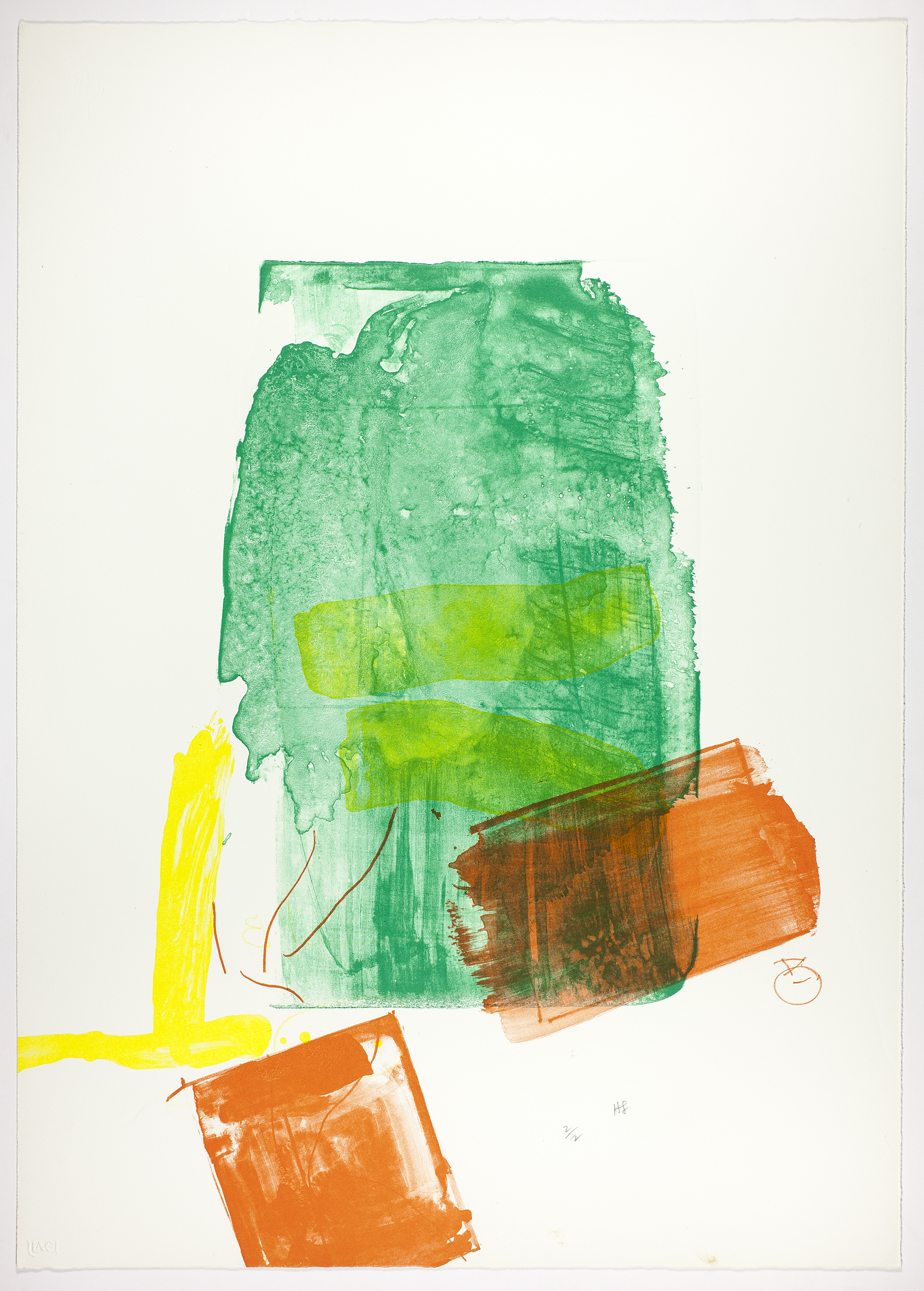 A print with large swaths of green, orange, and yellow overlapping on a white sheet of paper.