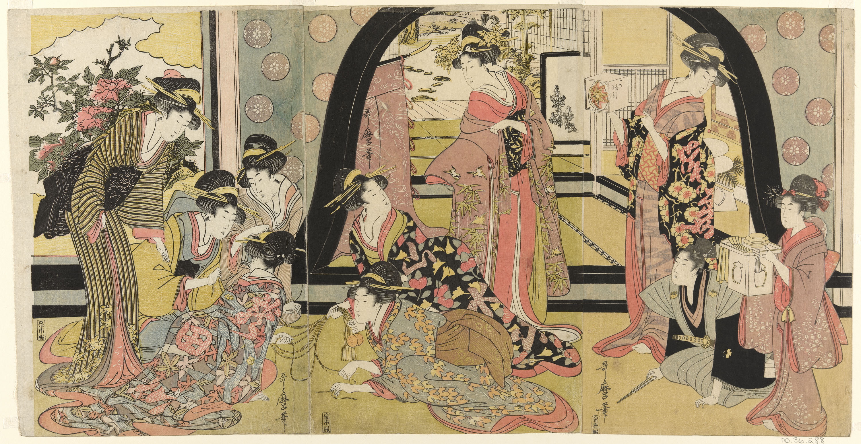 A woodblock print featuring a crowded scene of many extravagantly robed figures with dark hair in updos. Some crouch on the floor, pulling single strands of string from a bunch. The others look on, though a few look elsewhere.