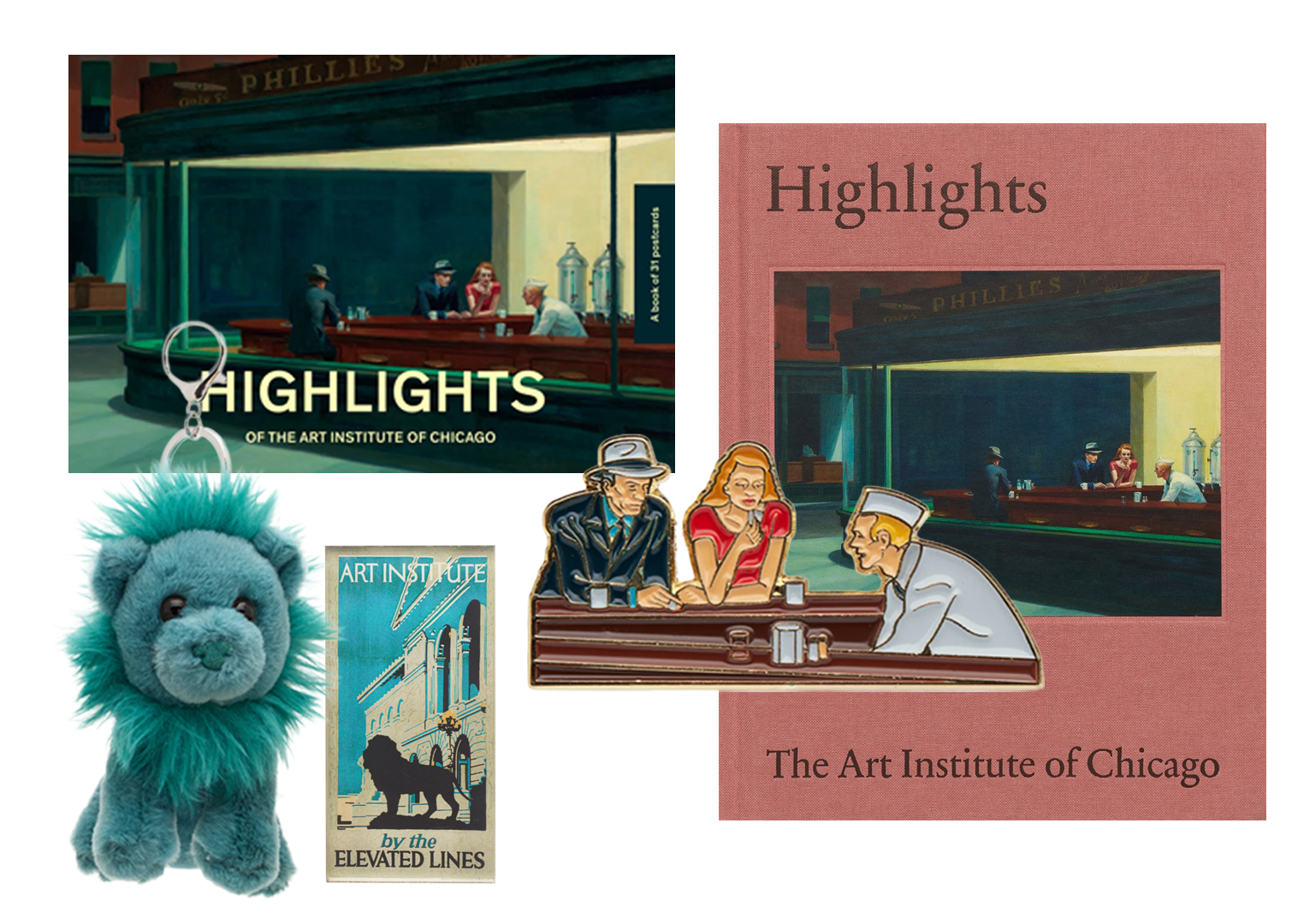 Color photo collage of museum merchandise: at top left a print of a diner painting with a keyring and the word Highlights, at top right a pink book with the same image, at center an enamel pin of three diners, at bottom left a teal plush lion, and at bottom center a card with a building and a lion statue.