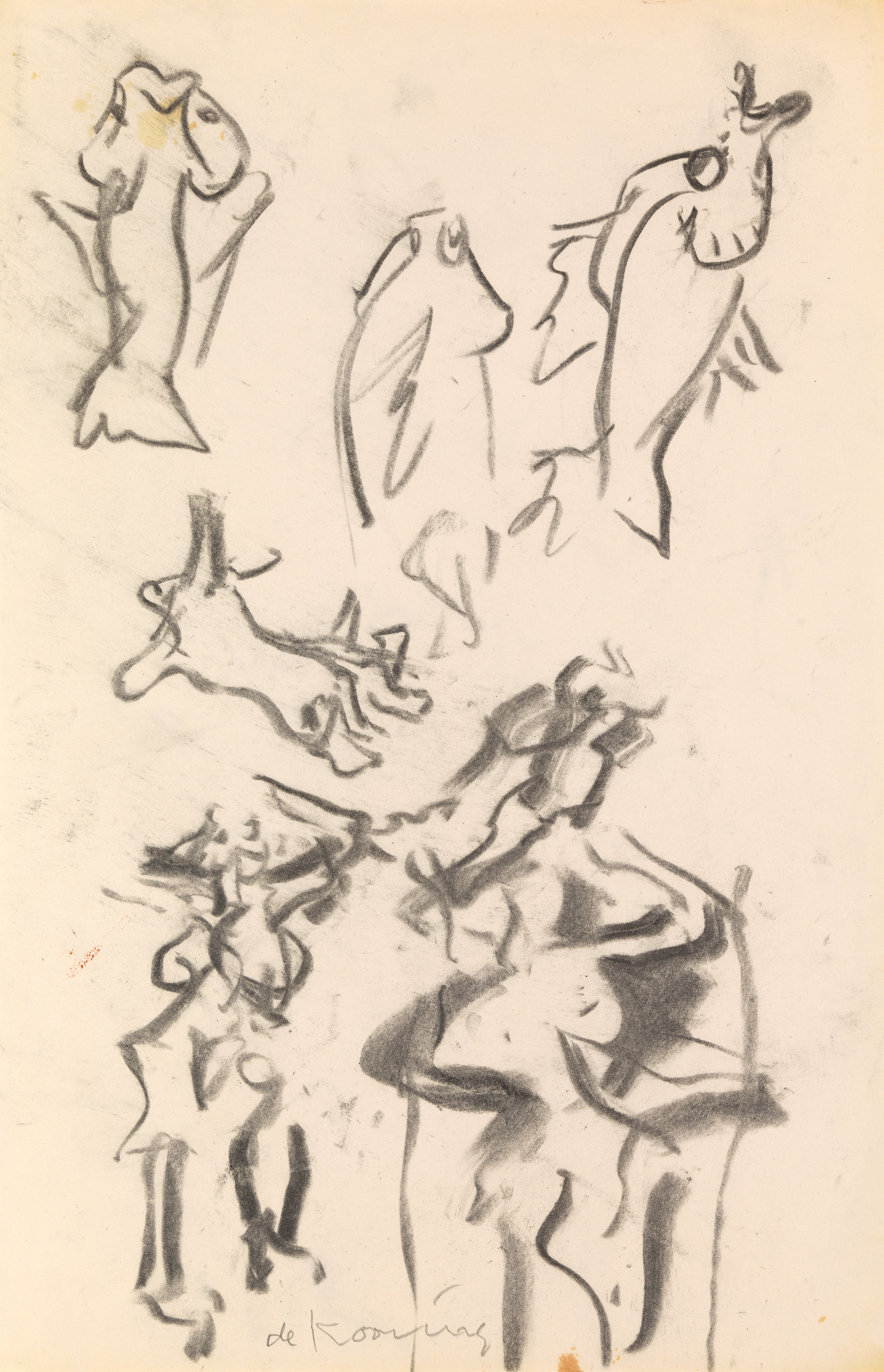 Charcoal drawing on off-white paper showing three fish—at top left, top center, and top right—with light gray smudges around them, and at bottom left and bottom right two dense clusters of dark gray, curving lines and smears.