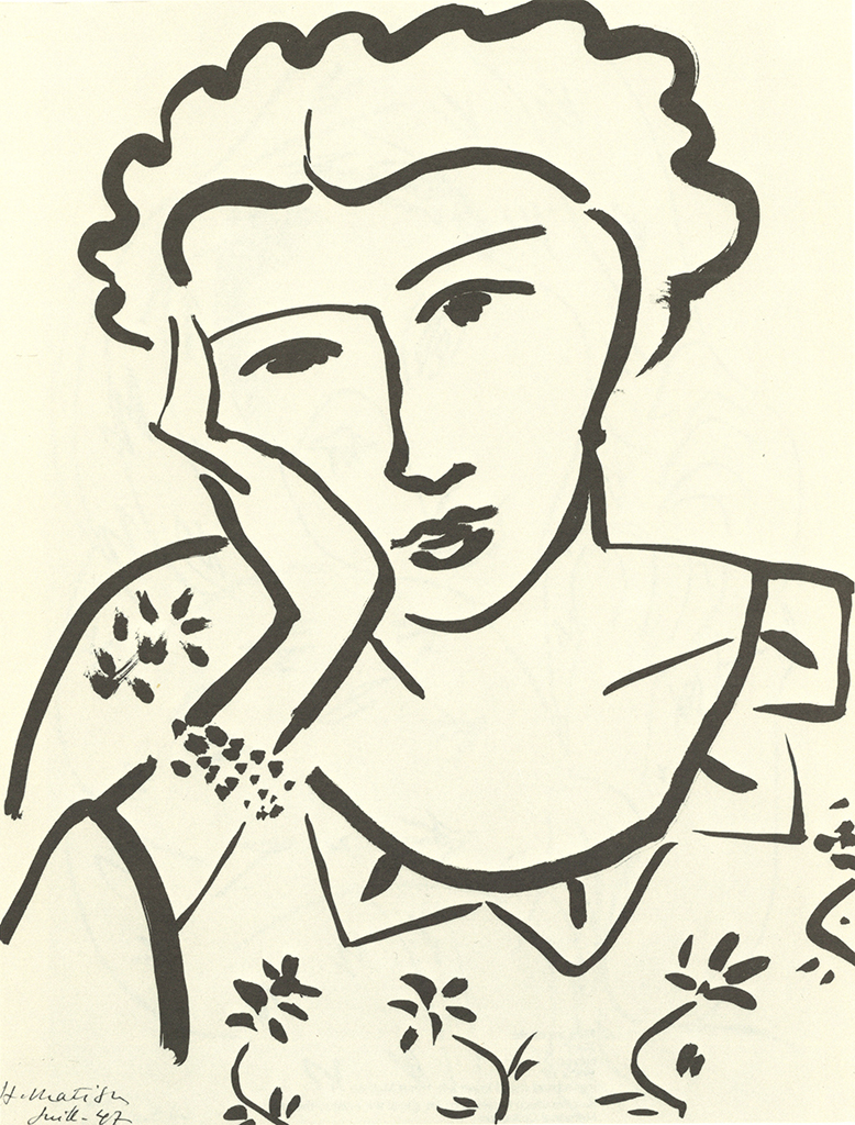 Top: wavy black hair outlines the upper area. Center: a person shown from the shoulders up wears a large rounded collar with pointed tips; on the left, a bent arm lifts toward the center, and the sleeve is marked with small black flower shapes. Bottom: the clothing continues with scattered small black floral motifs on a white background, with the head and collar taking up most of the space and the flowers appearing small in comparison.