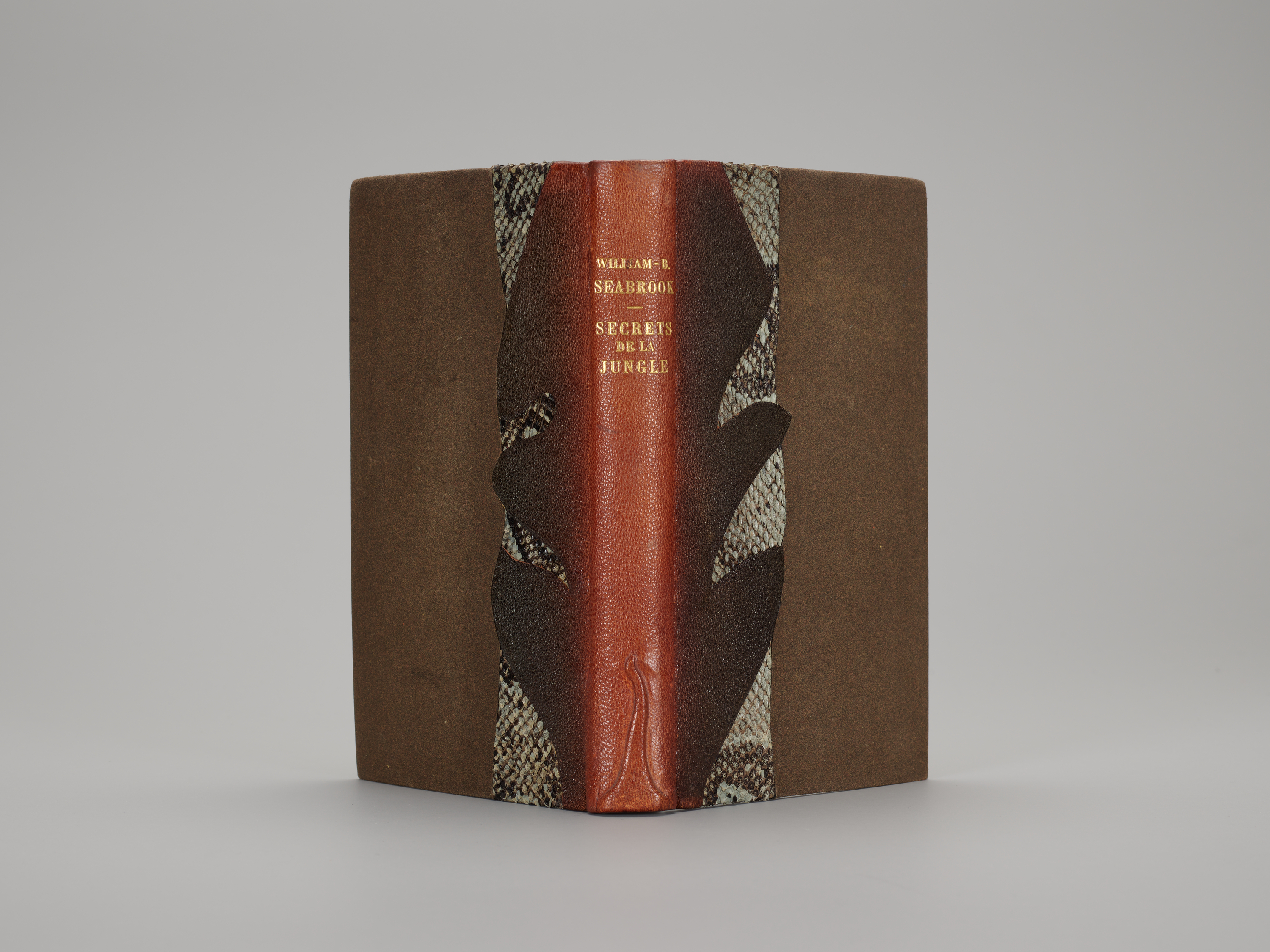 A leather-bound book features a cover with two thick strips of snakeskin spanning each cover vertically, one on either side of the spine, which features the author's name and the tite, "Secrets de la Jungle," in gold lettering.