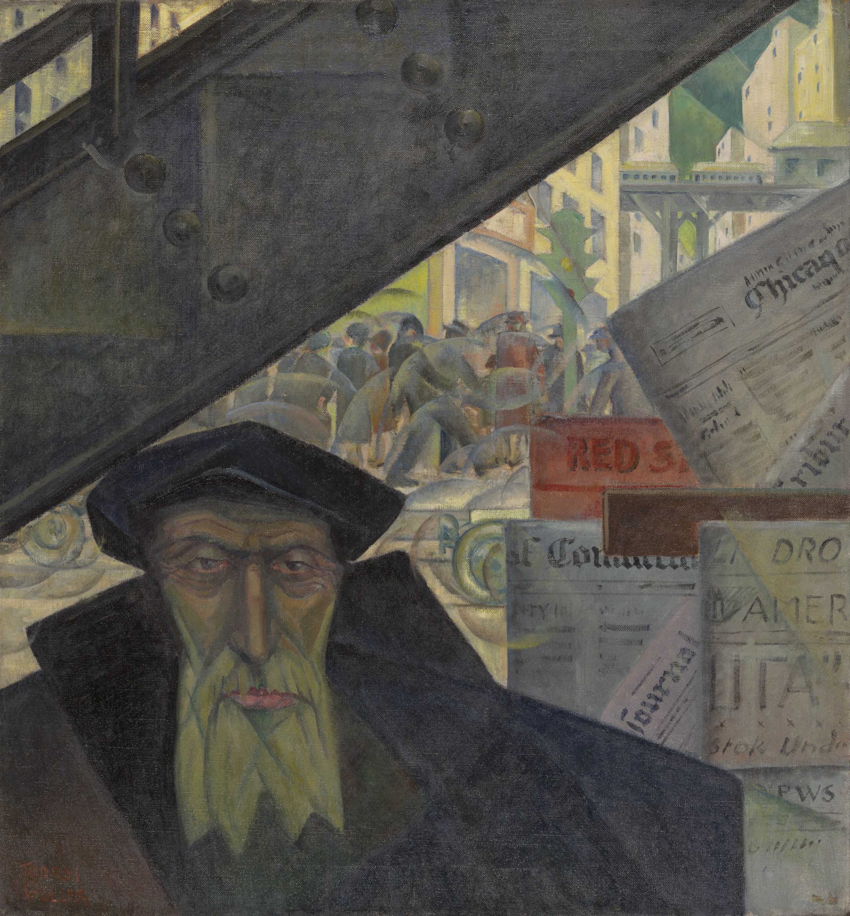 Painting of a man with light skin and a long face with a bird. A bustling crowd moves behind him, overlayed with newspapers.