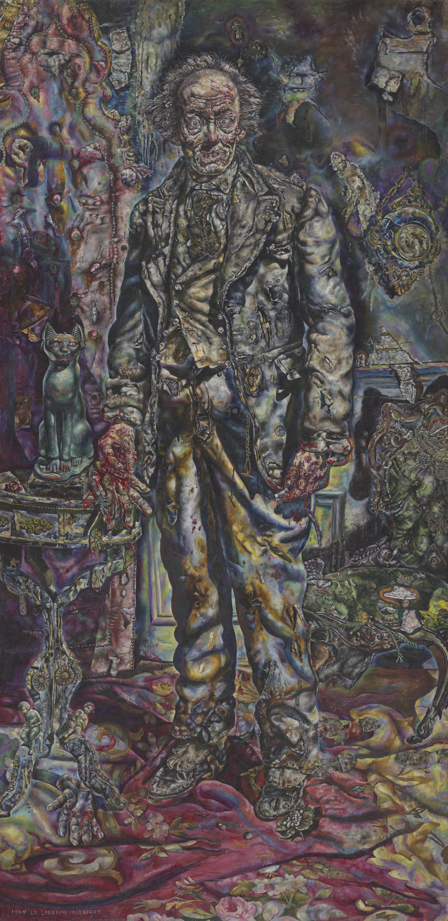 A grotesque painting of a man in a suit. The colors are darkly psychedelic, and he appears to be decaying from the outside in.