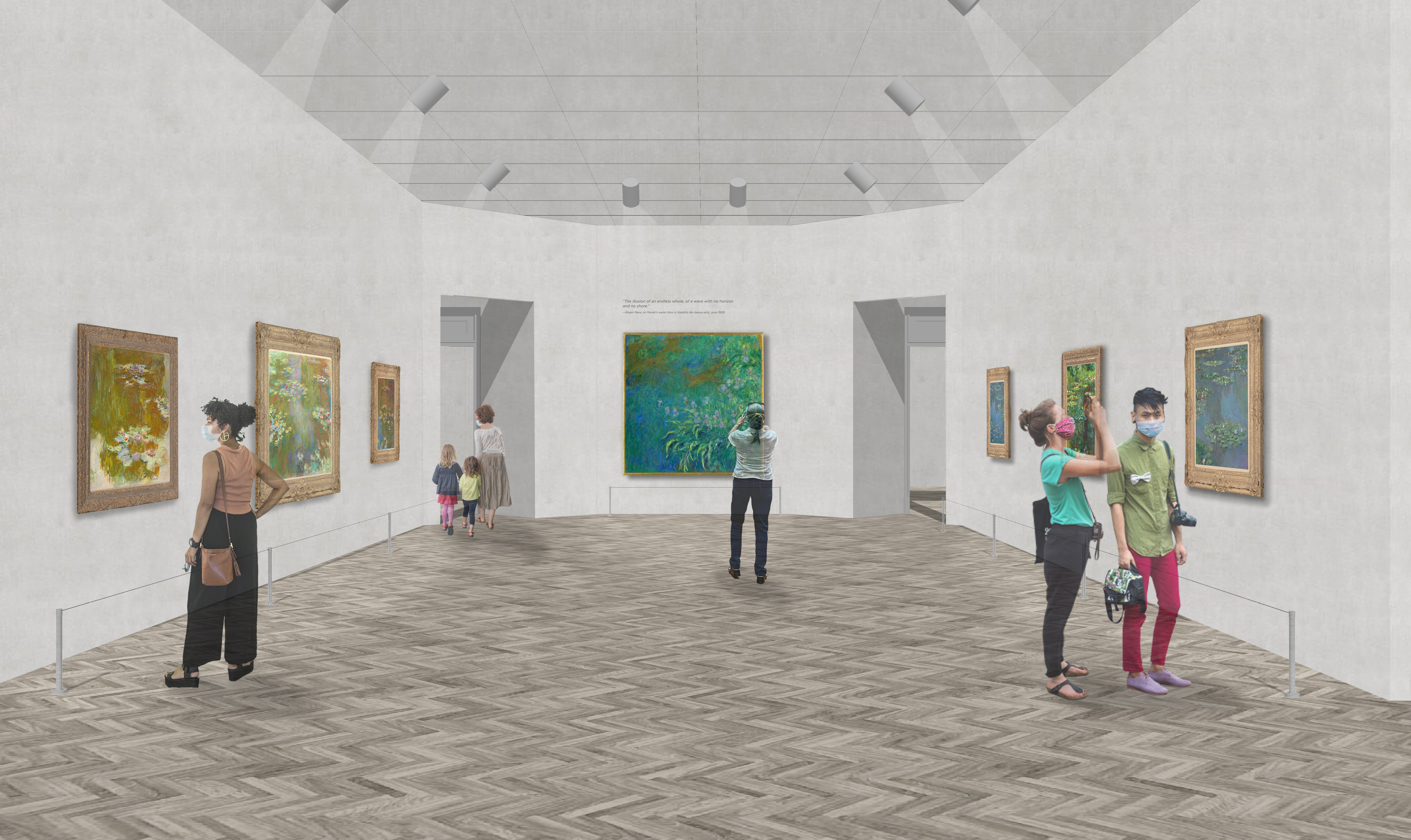 Digital concept rendering of gallery visitors in masks viewing paintings of ponds and water lilies by Claude Monet.