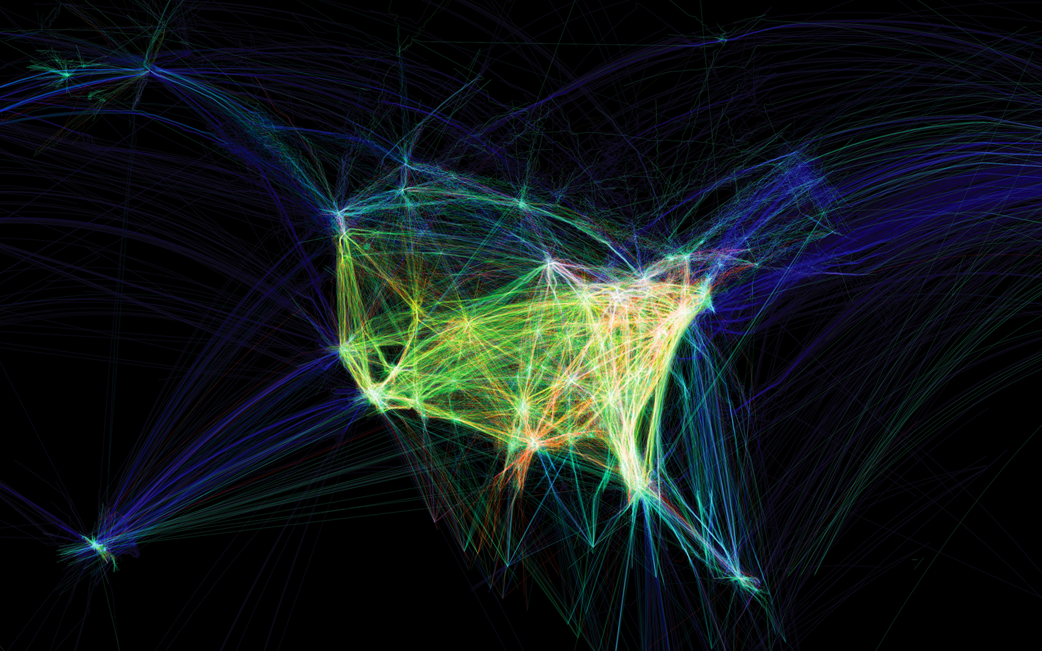 Still from an animation that illustrates the flights insider and out of the United States with colorful lines