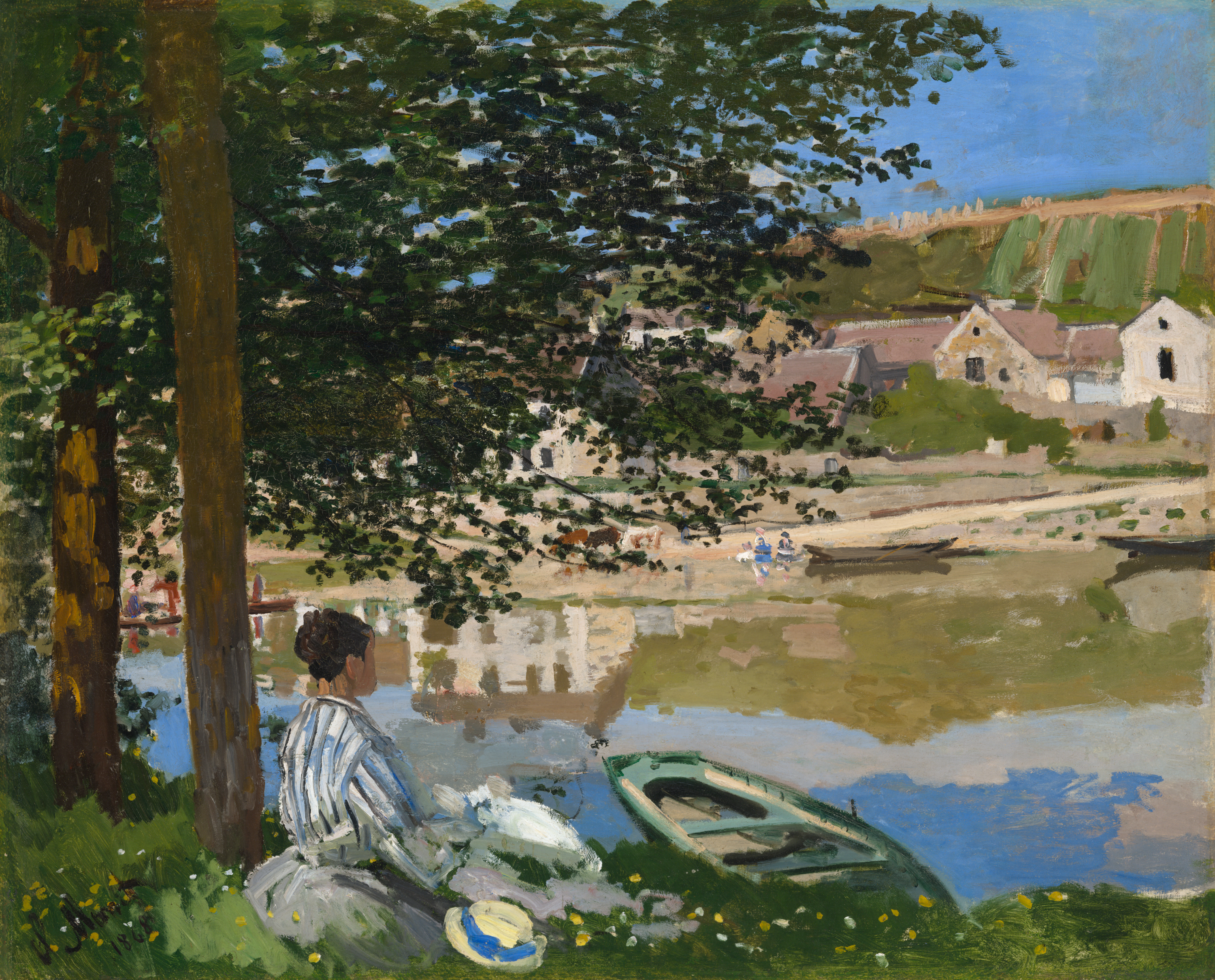 Painting of a woman in a striped dress seated on the bank of a river, beneath a full, leafy tree, a boat at the shore and a village across the river.