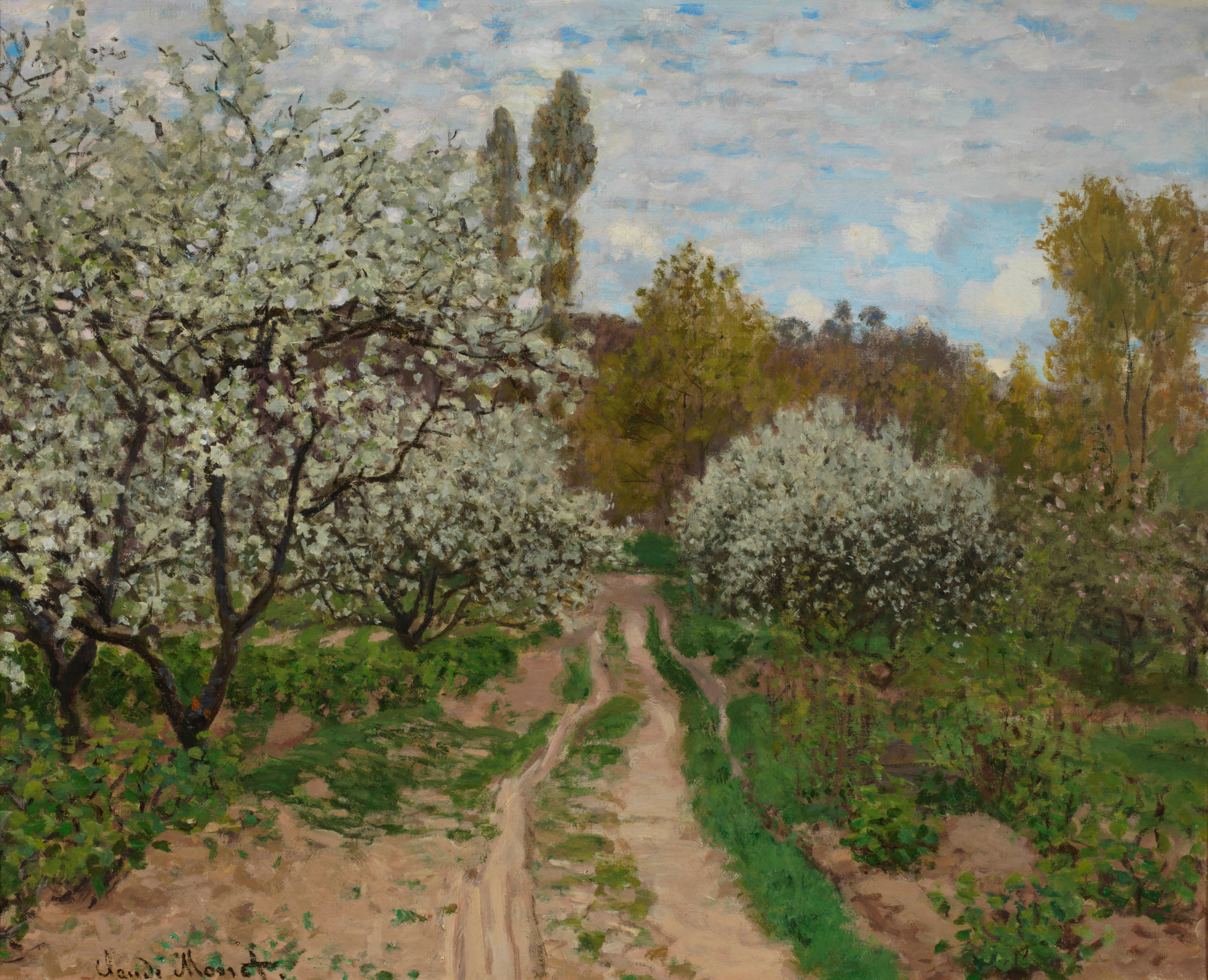 Painting of apple trees with white blossoms alongside a grassy brown dirt road.