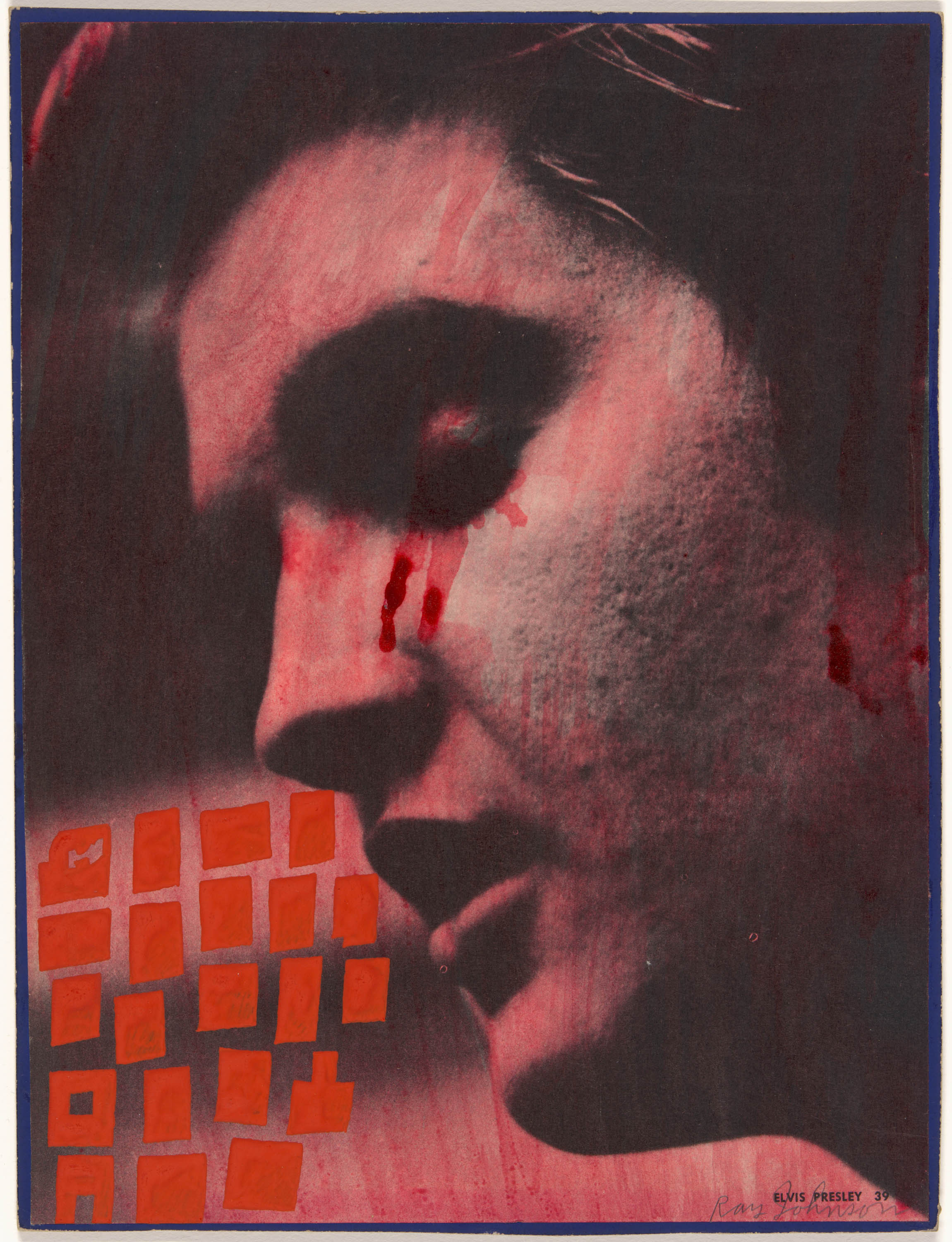Close-up photo of Elvis Presley's face in near profile is overlaid with streaks of red, especially pouring from his eye, and a grid of irregular red squares in the lower left quadrant.