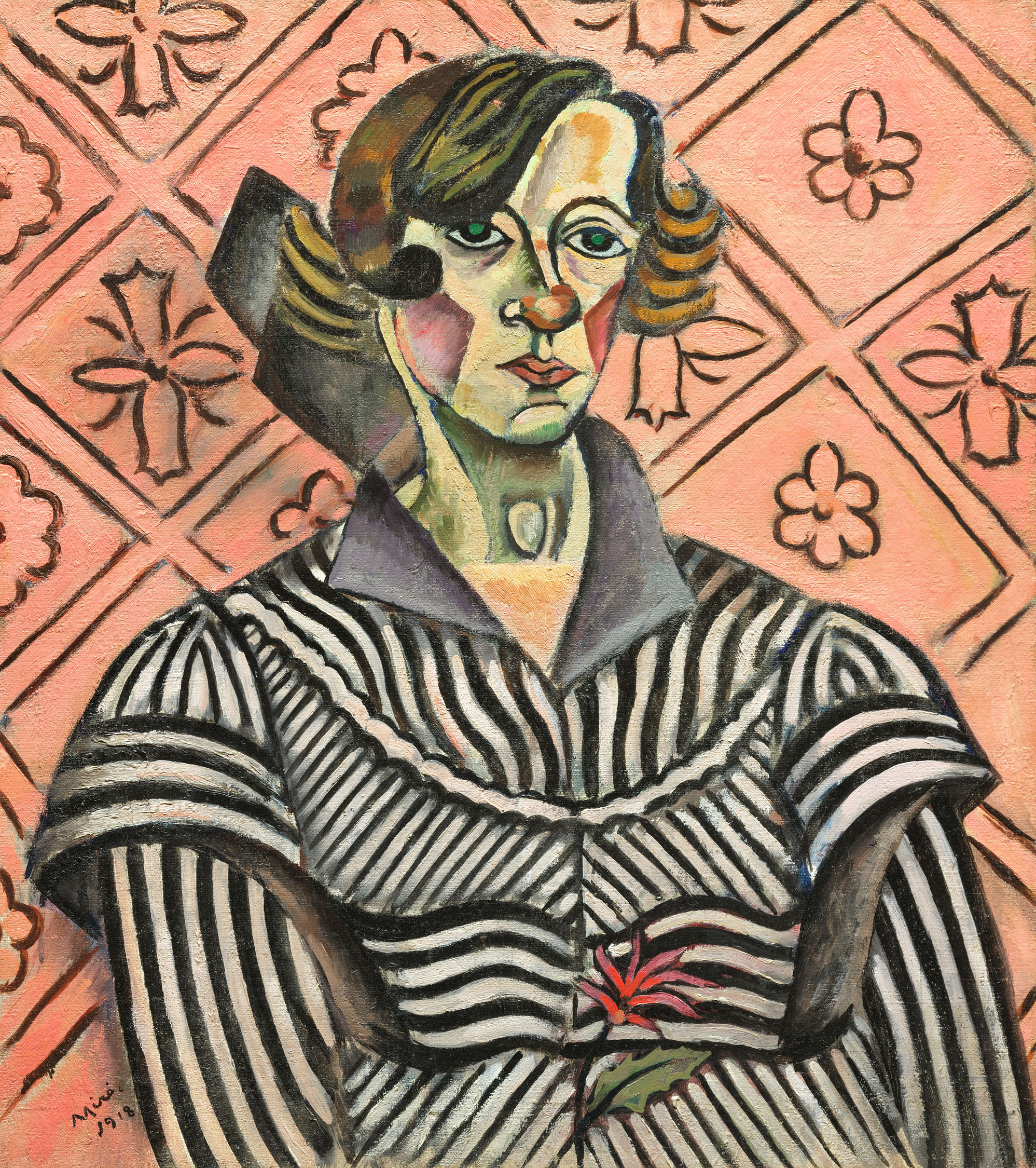 Portrait of a woman done with abstract lines and forms in a Cubist style. She wears a black-and-white dress and is against a pink geometric background.