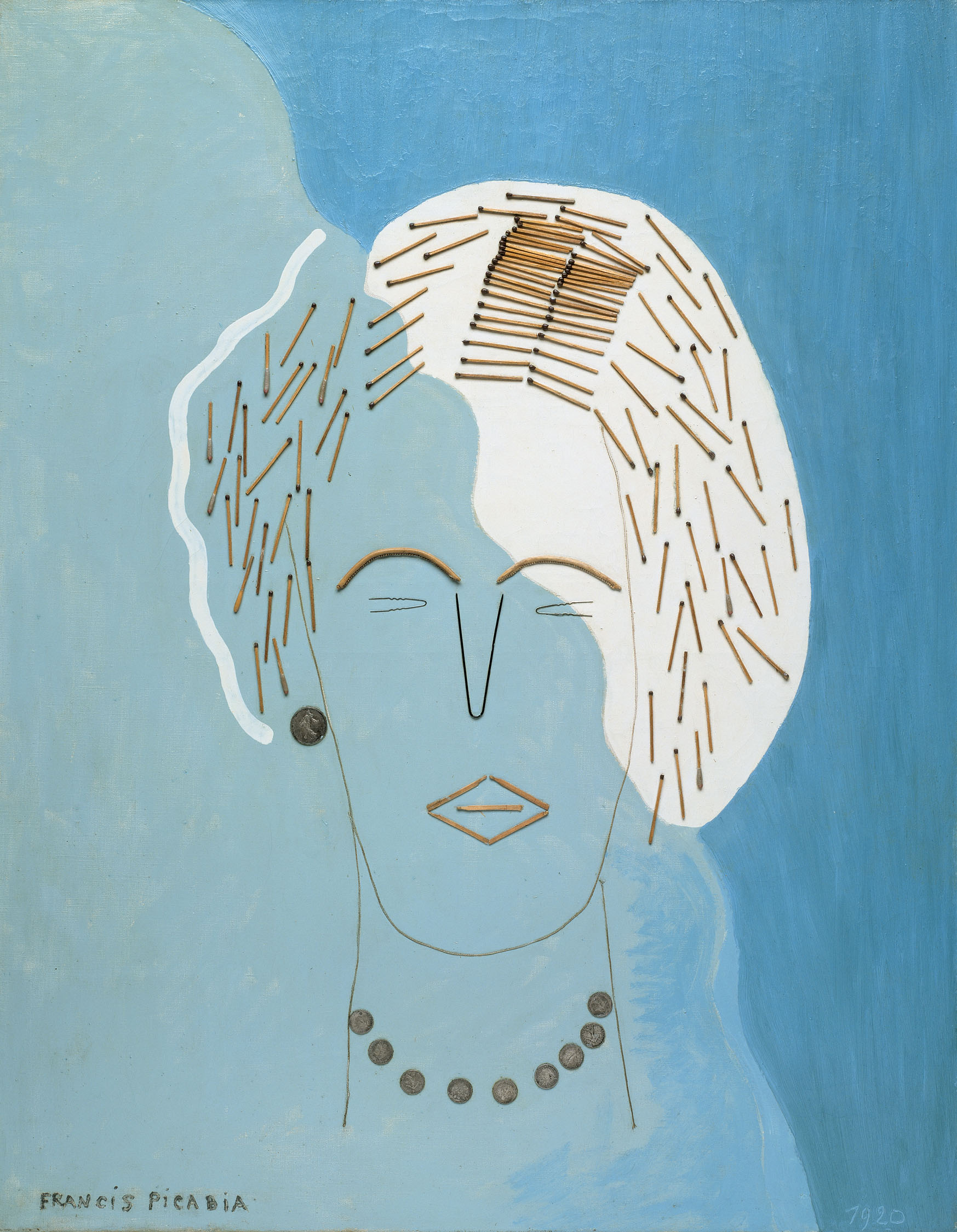 A drawing/collage of a woman's face on a blue background.