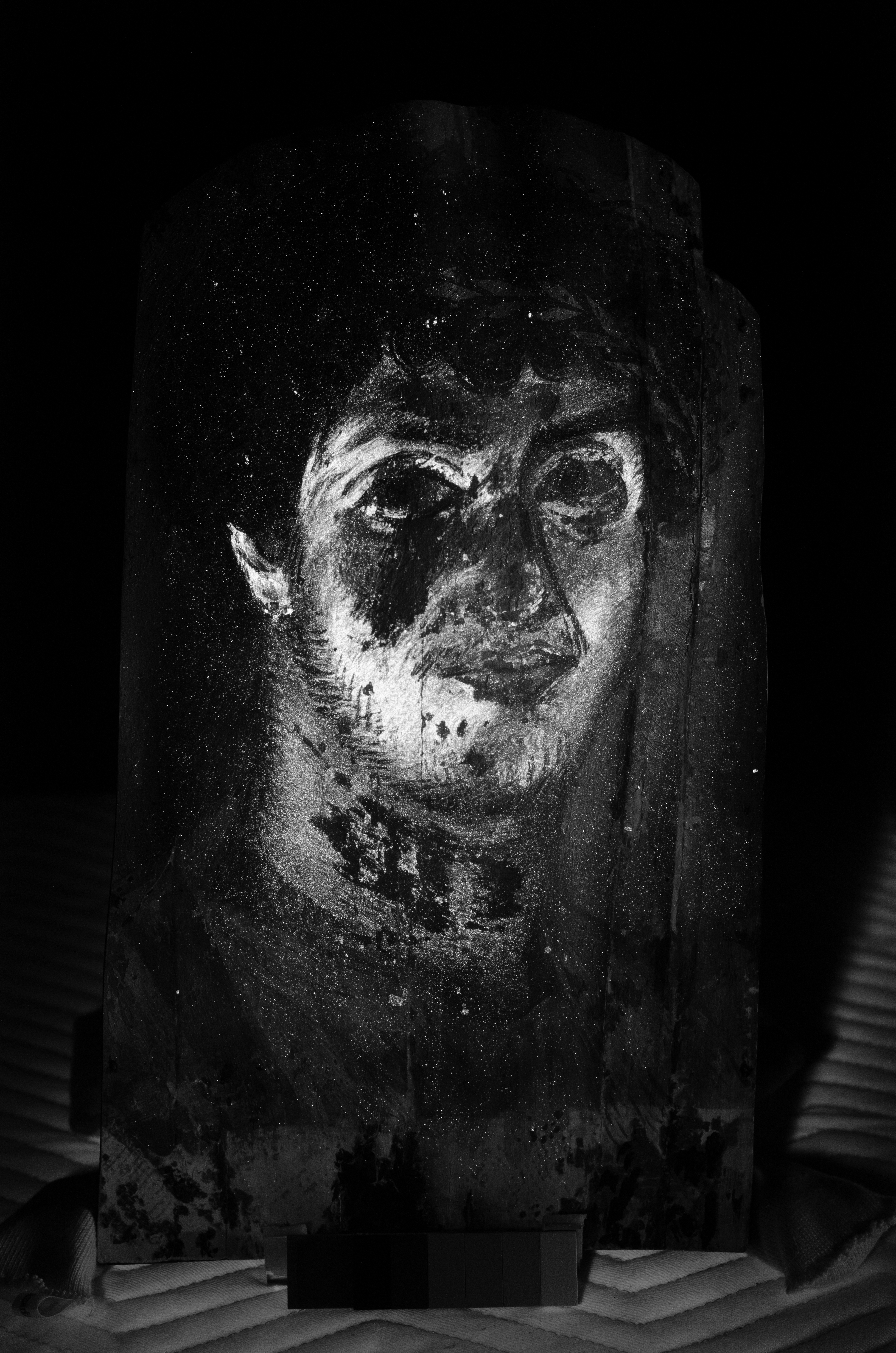 Image of Roman mummy mask captured with a very specific photographic imaging technique, called visible induced luminescence (VIL), that is capable of highlighting the presence of Egyptian blue.