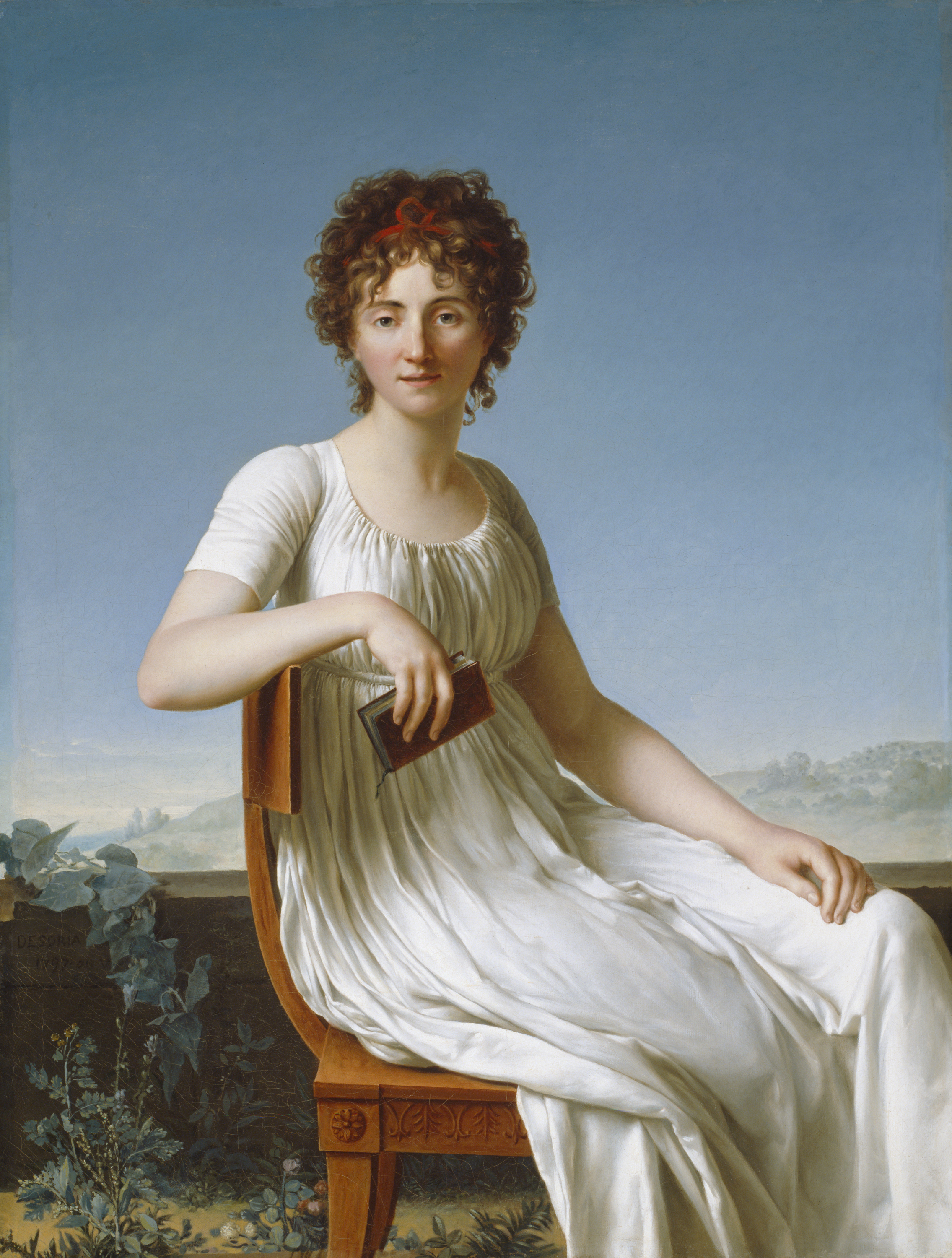 A painting of a young woman wearing a white gown in 18th-century elite European fashion.