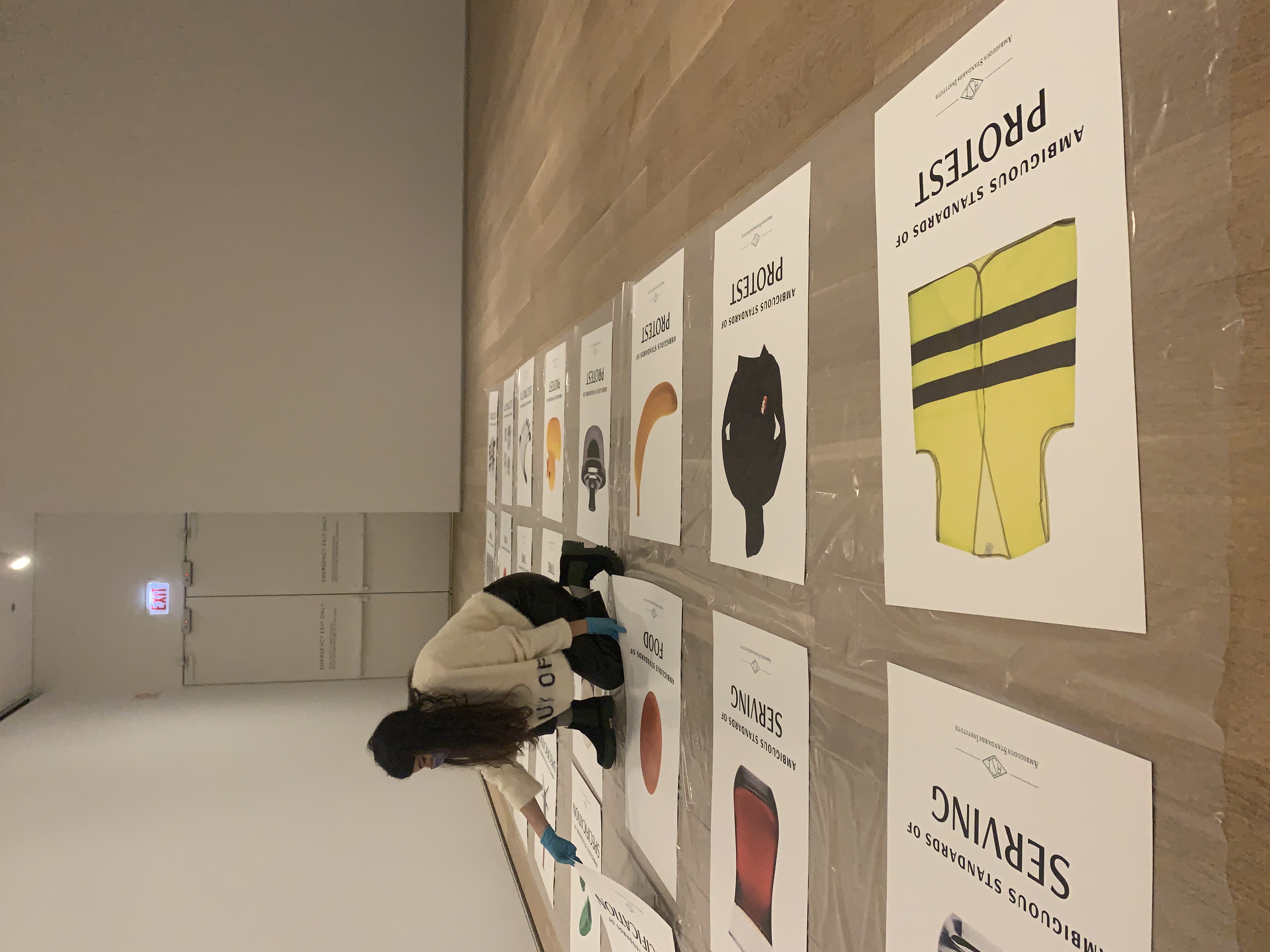 A light-skinned woman with long dark hair, wearing a face mask and rubber gloves, crouches on the floor among numerous posters, each featuring the image of a single object.