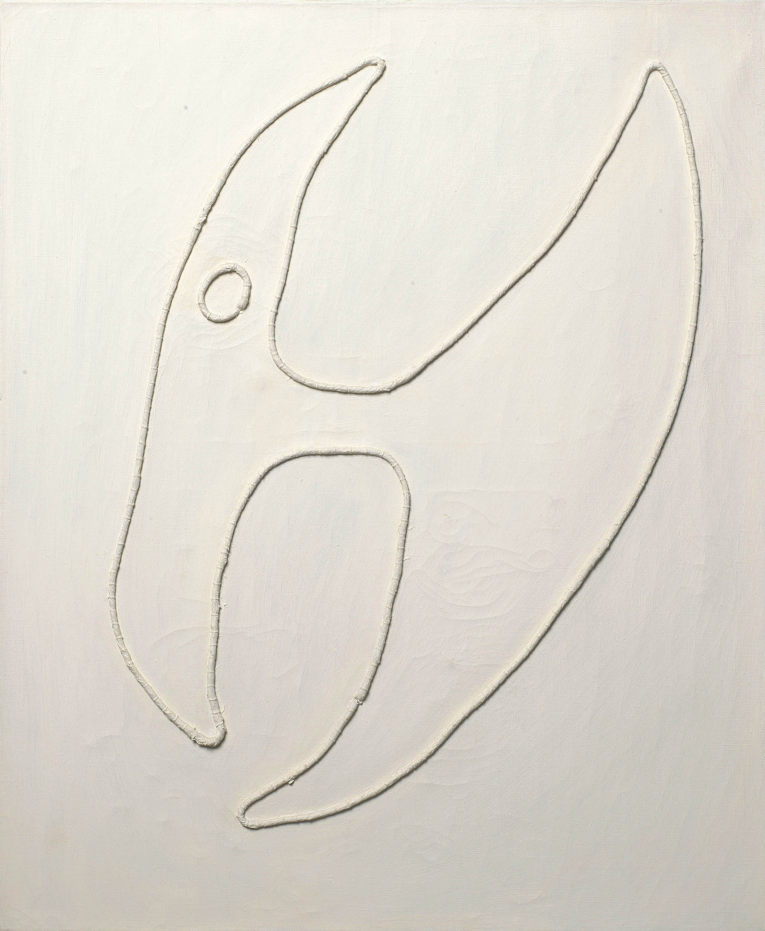 An abstract painting in all white with a form outlined in string on the canvas.