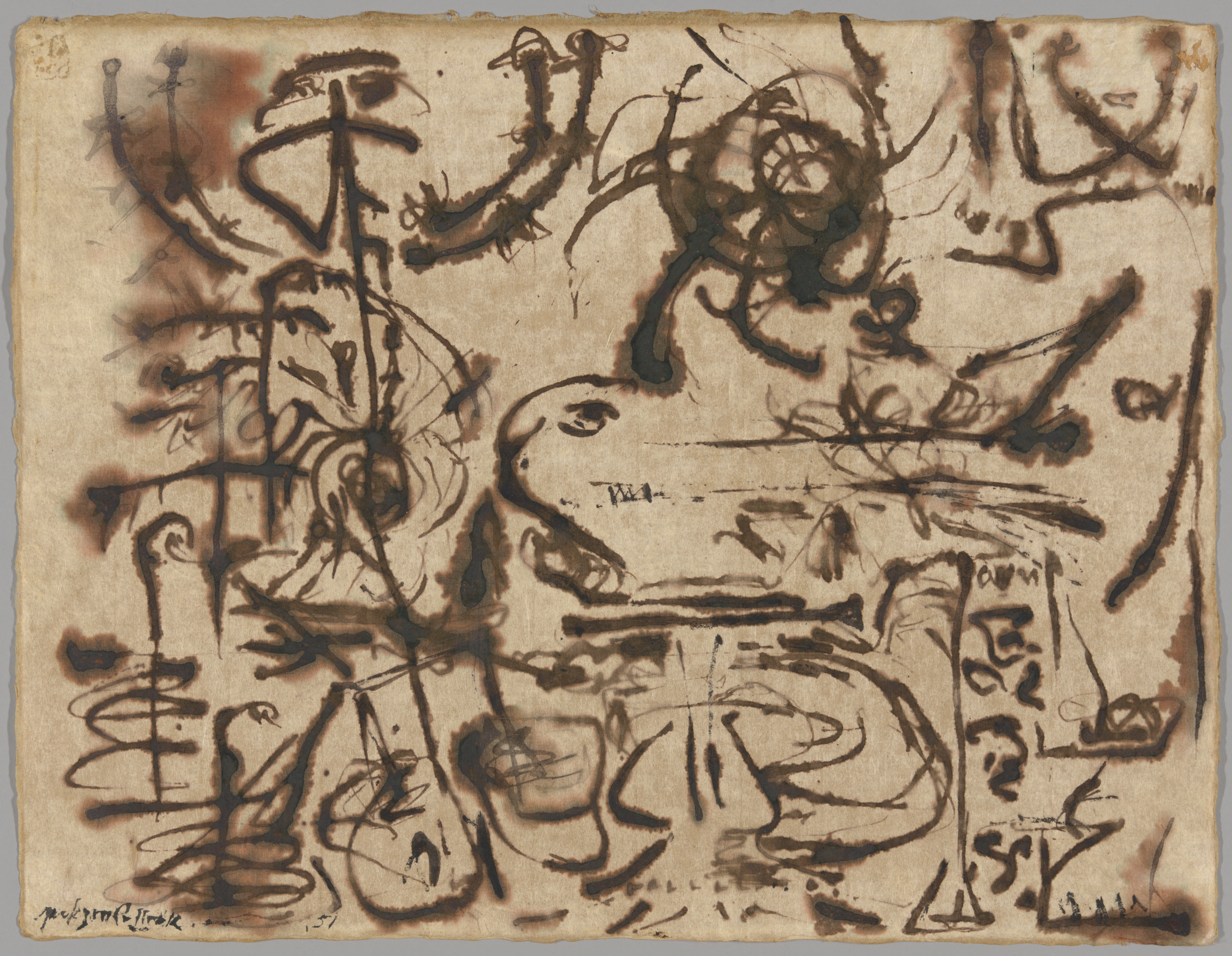 Abstract markings of black ink on a light brown base.